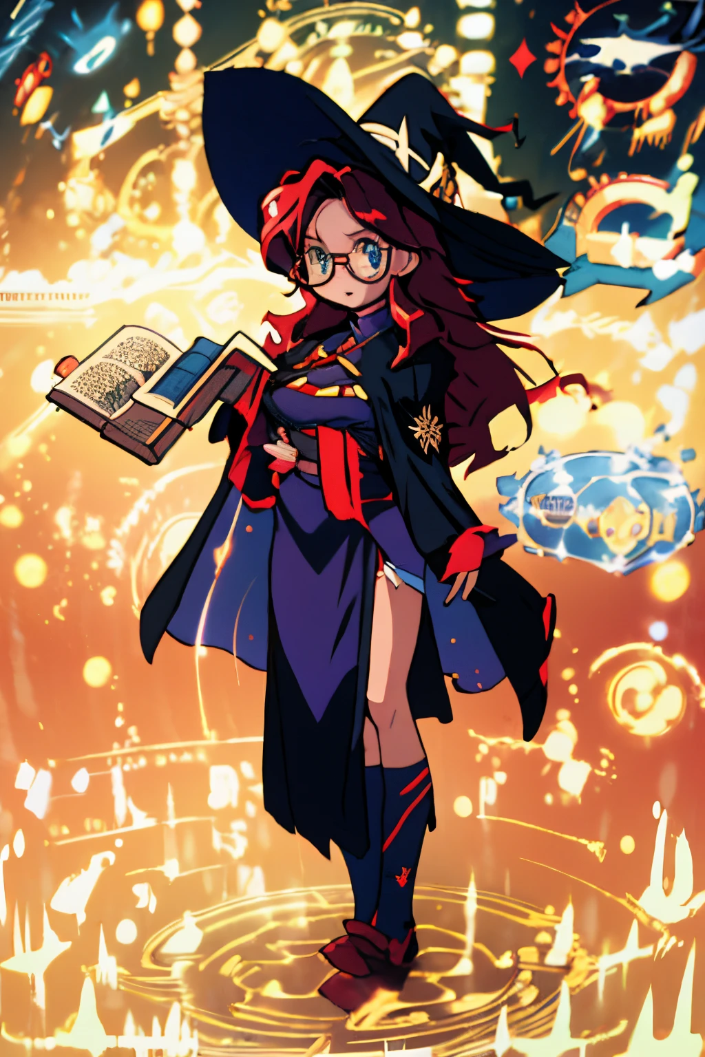 16k, HD, Professional, Highly Detailed, ((Masterpiece: 0.3)), (((High Quality))), Ultra-detailed face, Highly Detailed Lips, Detailed Eyes, full body, full body, 1 girl, long red hair, blue eyes, glasses, c cup breasts, hour glass figure, book on hip, blue wizard robes, long socks, witch hat