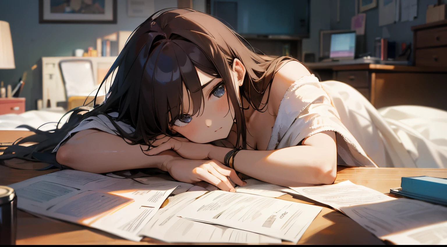 high-definition picture、Messy room、desk work、The table、a bed、Woman lying on bed、Wrapped in a towel、A little toss-up、Facing backwards。
