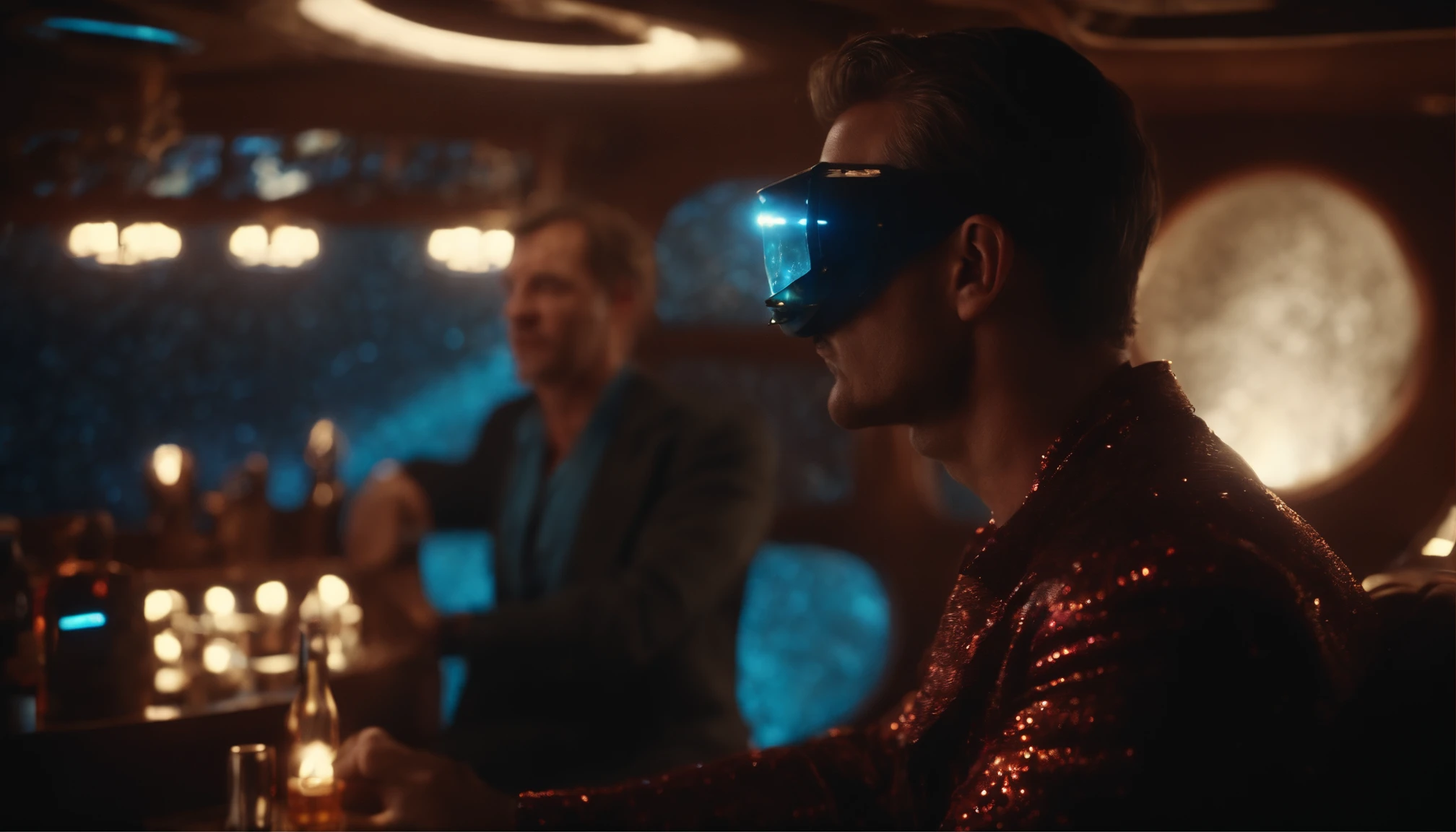 A close-up dialogue scene from an 80's sci-fi fantasy film, A male figure wears a sparkling sequence jumpsuit and drinking a wisky. The setting is the deck of a wooden galleon ship in deep space with a glowing nebula behind them, has reverse key lighting and dramatic warm color grading. Retro VHS style