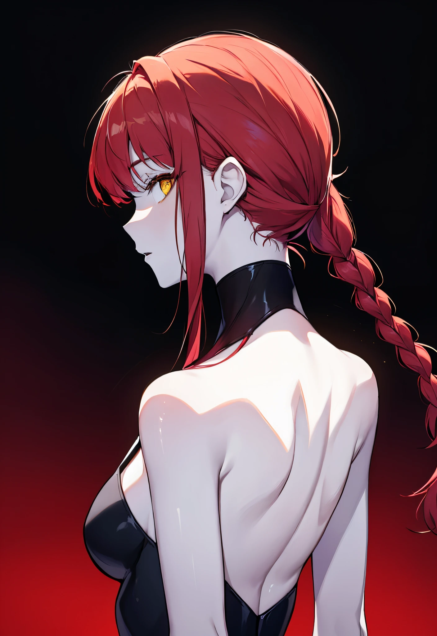 (masterpiece:1.2), (pale skin:1.2), (solo:1.2), (female:1.1), (emphasis lines:1.3), red hair, bare back, shoulder blades, from behind, bare shoulders, braids, yellow eyes