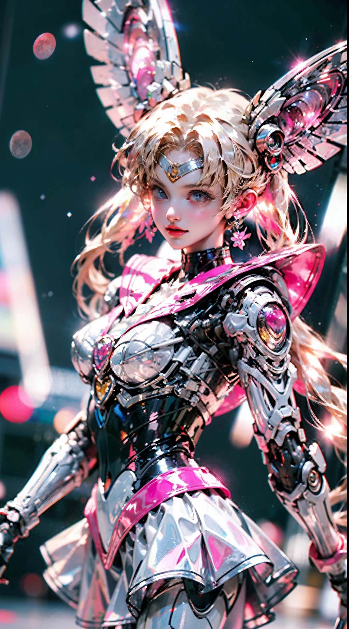 1 mechanical girl: 1.4, Sailor Moon, white mechanical arm, humanoid body, pink sailor suit, good-looking face, sailor Moon, moon hare, rabbit ears, mechanical ears, white blouse, blonde hair, mechanical arm, pink skirt, side, heart-shaped robot in the background, sci-fi background, complex background, hair glowing hair, forehead hair light, moon, panorama, mechanical wings, large wings in the background