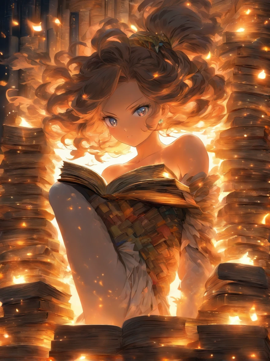 clothes made of books,1个Giant Breast Girl, The upper part of the body, in the darkness nigth,Empty white background