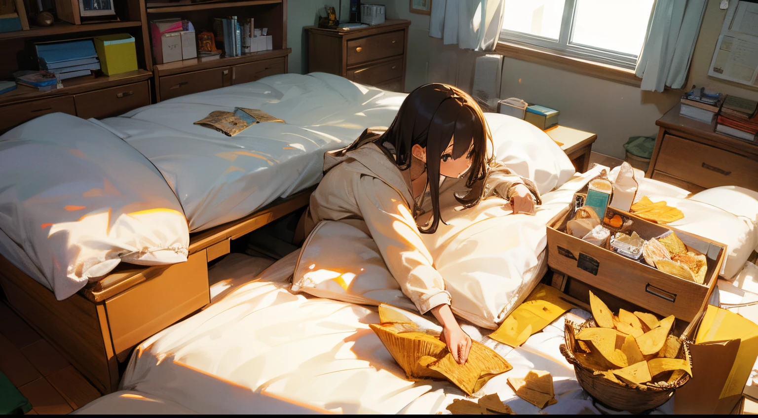 high-definition picture、Messy room、bag of potato chips、scattered potato chips。desk work、The table、a bed、Wrapped in a towel、A little toss-up、Facing backwards。