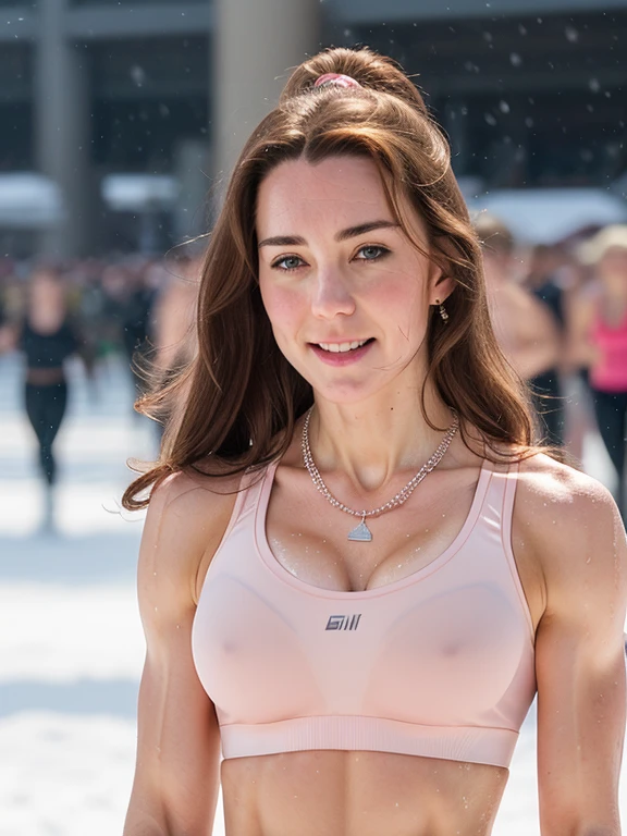 Kate, ripped muscle, muscular body, pale skin, smile(blush), sports bra, thin necklace, [ultra detailed skin:1.2], 8k uhd, full body, stand, sweat, cum on face, crowd, public, snow,