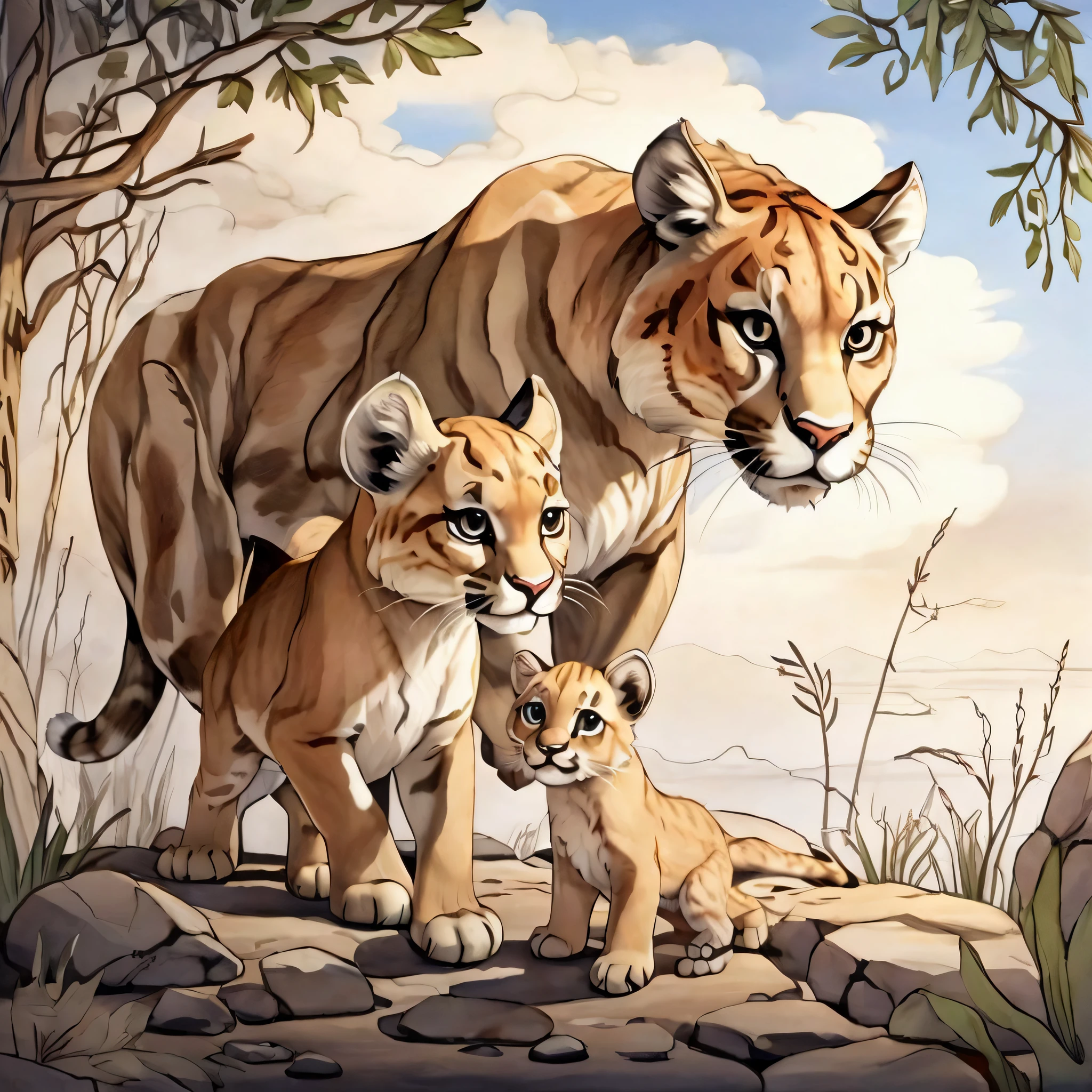 A picture of a mother tiger and her cubs in a rocky area, Smilodon, Howard Lyon, Wildlife illustration, puma, Saber-toothed cat, tigers, Sava Šumanović, by Bob Singer, Detailed beautiful animals, by Hugh Hughes, full color illustration, Ivan Murkhvichka, by Gabrijel Jurkić, Family portrait