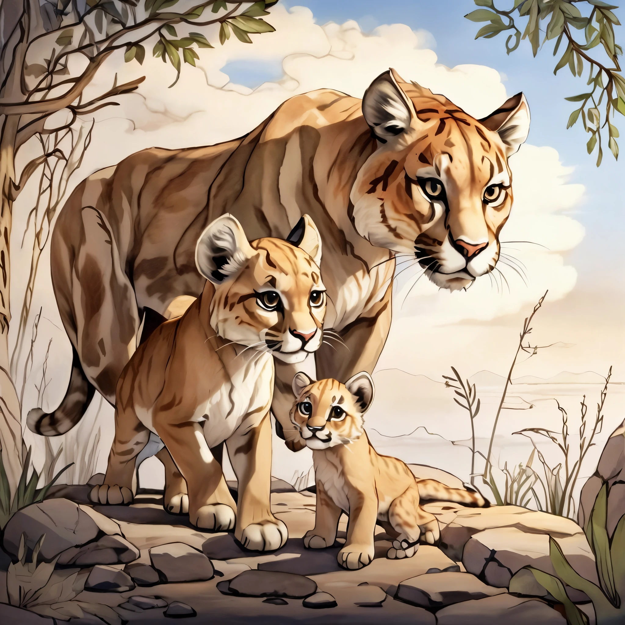 A picture of a mother tiger and her cubs in a rocky area, Smilodon, Howard Lyon, Wildlife illustration, puma, Saber-toothed cat, tigers, Sava Šumanović, by Bob Singer, Detailed beautiful animals, by Hugh Hughes, full color illustration, Ivan Murkhvichka, by Gabrijel Jurkić, Family portrait
