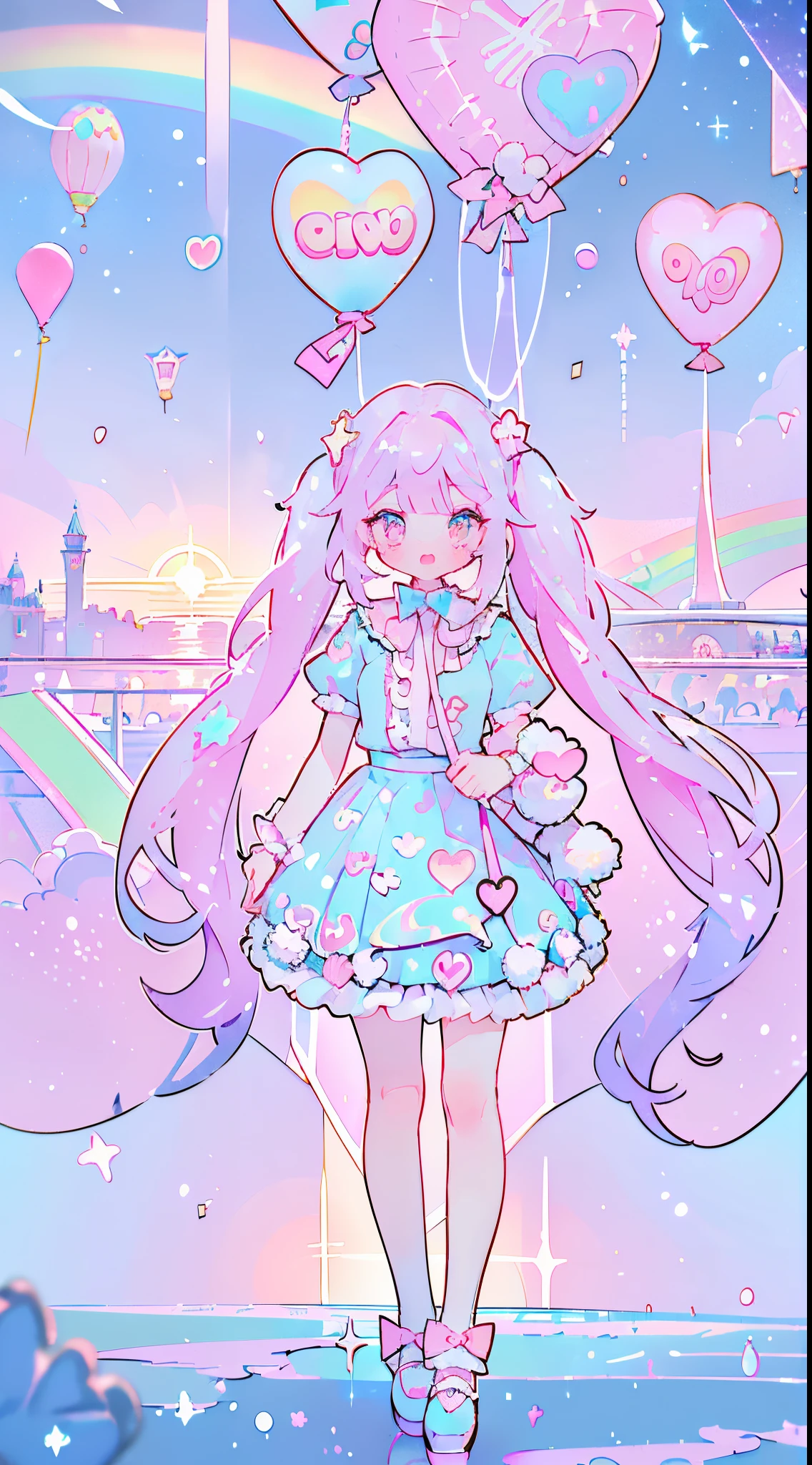 (fullbody, legs and shoes visible: 1.2)) expressive eyes, 1girl, pale skin, long hair, windblown hair, ((absurdly long hair)), long sidelocks, hime bangs, hair fringe, hair bun, ((very long twintails)), iridescent hair, light pink hair, blushing, full face blushing, big sparkling pastel purple eyes, (gradient eyes), open mouth smile, cute pose, ((holding balloons : 1.3)) 
((cute and pastel fashion)) ((🦄🎠🎈😎 theme : 1.4)) flowy pastel dress, ((dreamy multicolored open dress)), (floating ribbons), lavender ruffles, pink frills, (light blue lace), detached short sleeves, puffy skirt, ((rainbows and stars print skirt : 1.3)), ****ta skirt, purple bows, ((pompon ribbons hair ornament : 1.4)), multiple bows, striped lace stockings, (heart shaped leg garter), cute (pastel purple) shoes ((hyperdetailed clothing and fashion)) looking at you, vintage girl, blushing, (beautiful detailed eyes), (extremely detailed CG unity 8k wallpaper) (best shadow), ((an extremely delicate and beautiful)), (detailed light), ((depth of field)) big head, big sparkling eyes, moe, splash art, cinematic lighting, frontal view, volumetric lighting maximalist photo illustration 64k resolution high res intricately detailed complex key visual precise linear 
((in the dreamy pastel sky background, surrounded by sunset clouds, shooting stars, castles in the clouds)) ((hyperdetailed scenery, foggy clouds, suspended by balloons, hearts : 1.3))