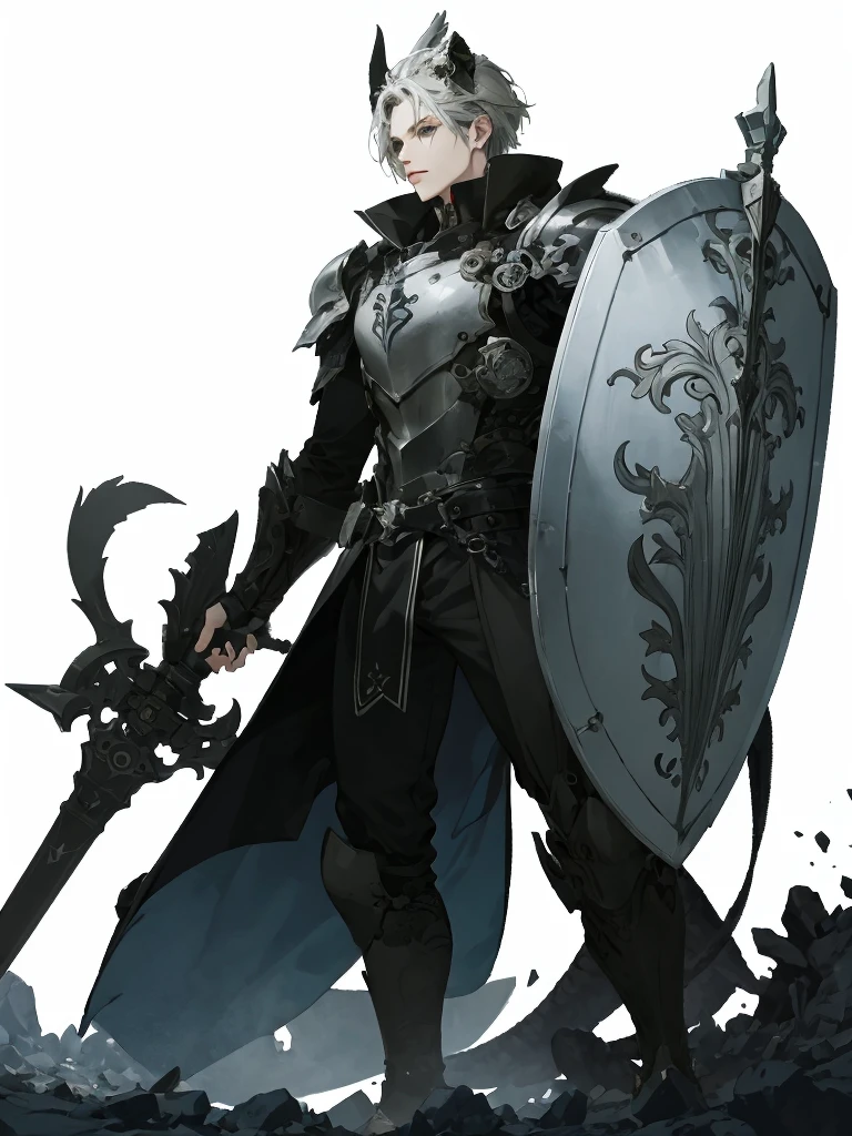 ((Visual art that conveys a sense of narrative))、((top-quality)), ((masterpiece)), (detailed game artwork:1.4),(top-quality:1.3)、(masuter piece:1.1)、(illustratio:1.2)、(ultra-detailliert:1.2)、((with round face)),((White background、No background)),Best Quality, High resolution, Best Quality, High quality,BREAK Ender's Zone、orbital frame、Jehuty、Anubis、Full Plate Mail、knights、Black armor、very large shield、