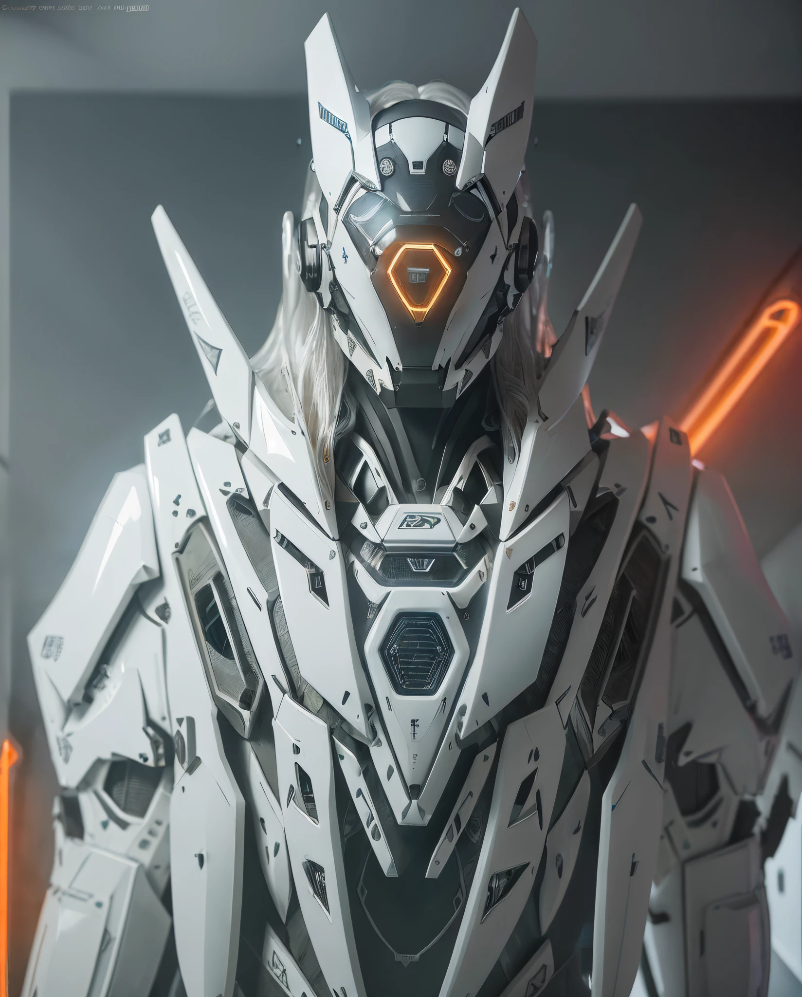 1 robot, organic, orange triangle glowing eyes, cyberhelmet, long hair, white plastic, diffuse lighting, fantasy, intricate, elegant, highly detailed, lifelike, photorealistic, smooth, sharp focus, art by John Collier and Albert Aublet and Krenz Cushart and Artem Demura, wires, tubes, dark room, dim light