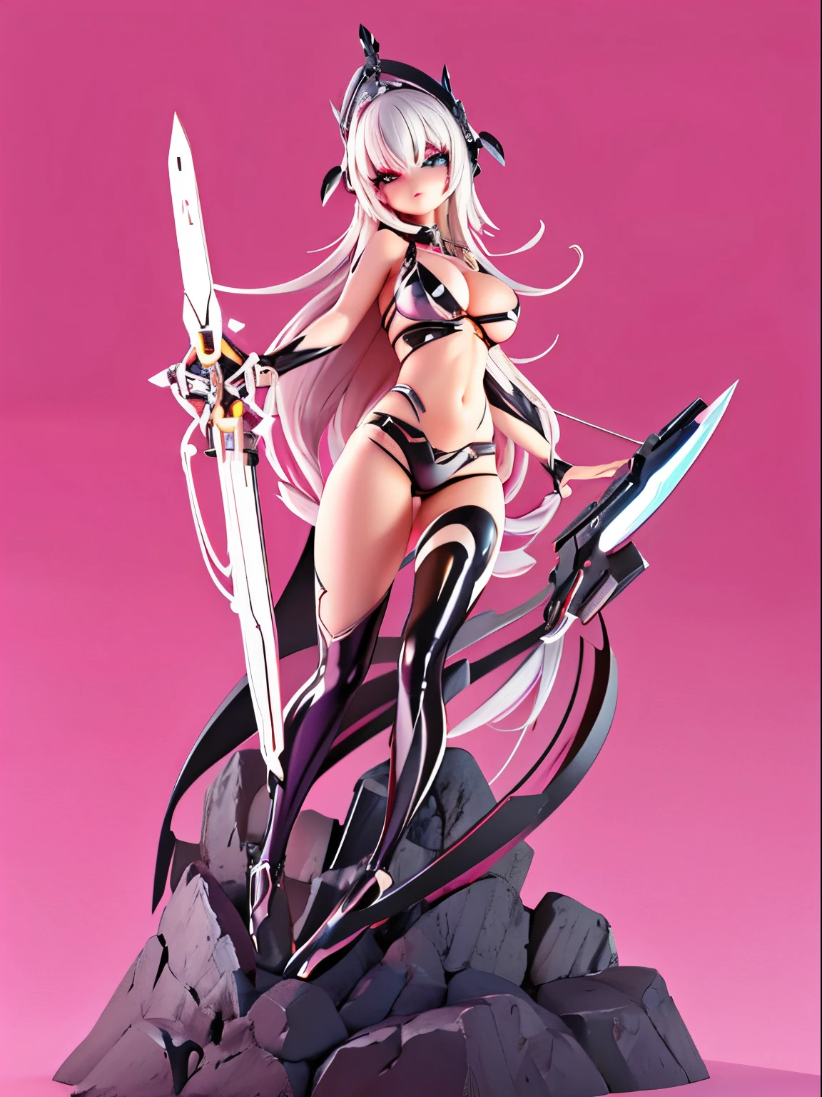 Super fine realistic figure statue, contour deepening beautiful detailed glow, ribs, holding, shiny hair, Beautiful and detailed black, extremely CG, dynamic poses, an extremely cute and Hentai creepy skin solo girl, highly ahegao, crossed eyes, stylish bikini suit, highly detailed beautiful face and eyes, beautiful gradation hair, cyborg school girl, fighting stance, shiney sun lighting, neon tone, huge weapon, cyberpunk style background