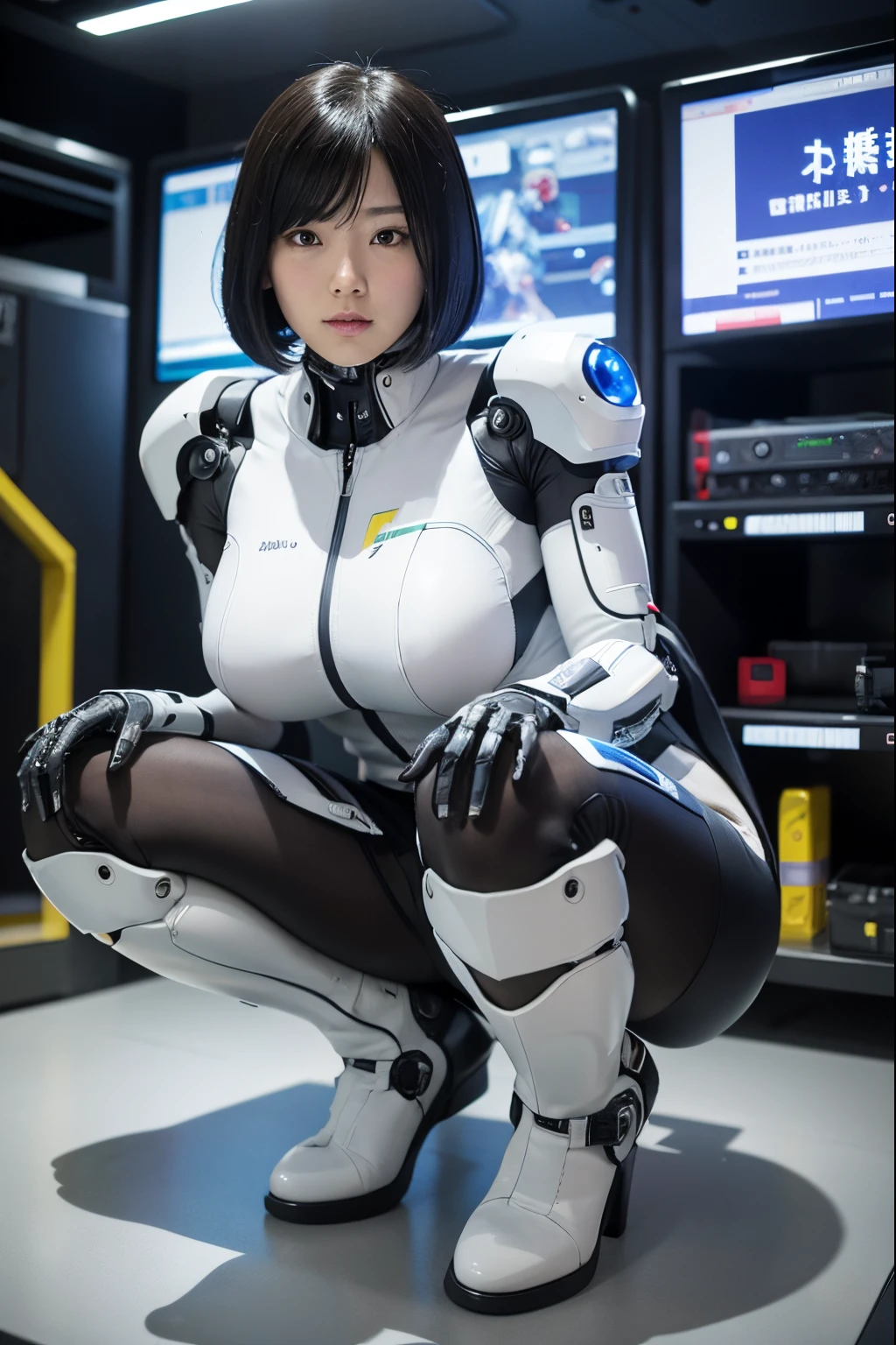 Best Quality,masutepiece,1womanl, Japanese cyborg woman,fullbody image ,Plump , White boots,announcer,control panels,activate,Squat,android,droid,Mechanical Hand,White clothes, body suit,Taut_Clothes,medium breasts⁩,clothes with a sense of mechanical technology, Robot arms and legs, Black Robot Parts,blac hair,Short hair,tube dress,