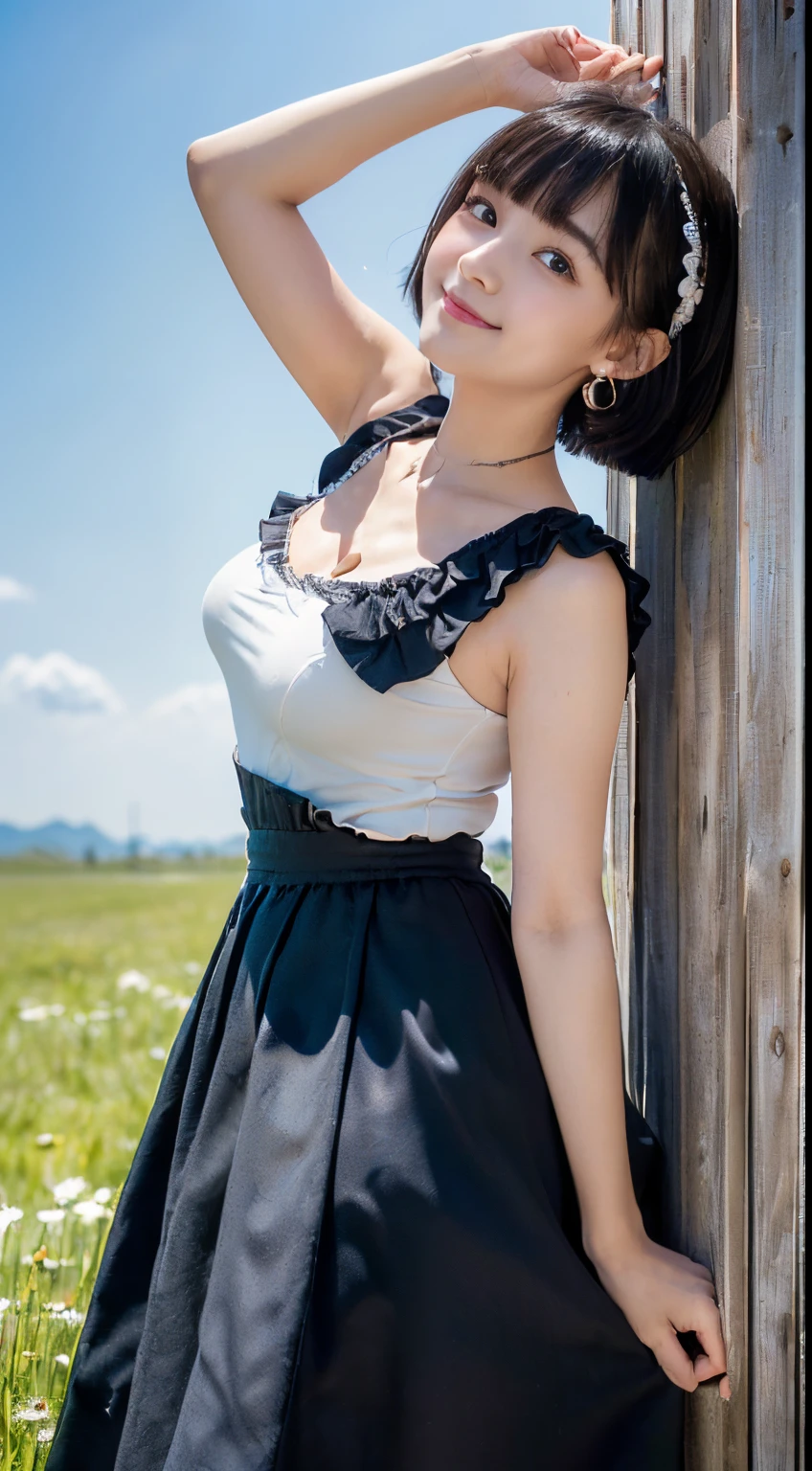 (Surrealism, natural lighting, masterpiece, super detail, anatomically correct), (turn the body forward, hide your hands behind your back, tilt your head, smile, Look into viewer, Look at camera:1.3), (ruffle maxi long skirt, White dress, veil), (Japanese high school girl, surreal girl, idle face, 16 years old, slim waist and large breasts style, short height, younger sister girl, round face, eyebrows downward, short bob cut, black hair, bangs, one earring, lively eyes, light blush, Look at viewers, affectionate cute:1.2), (wide grassland, blue sky, skirt is floating in the wind)