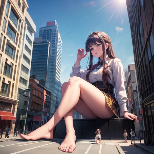 A giantess, Sitting barefoot on a building, There are several men at their feet