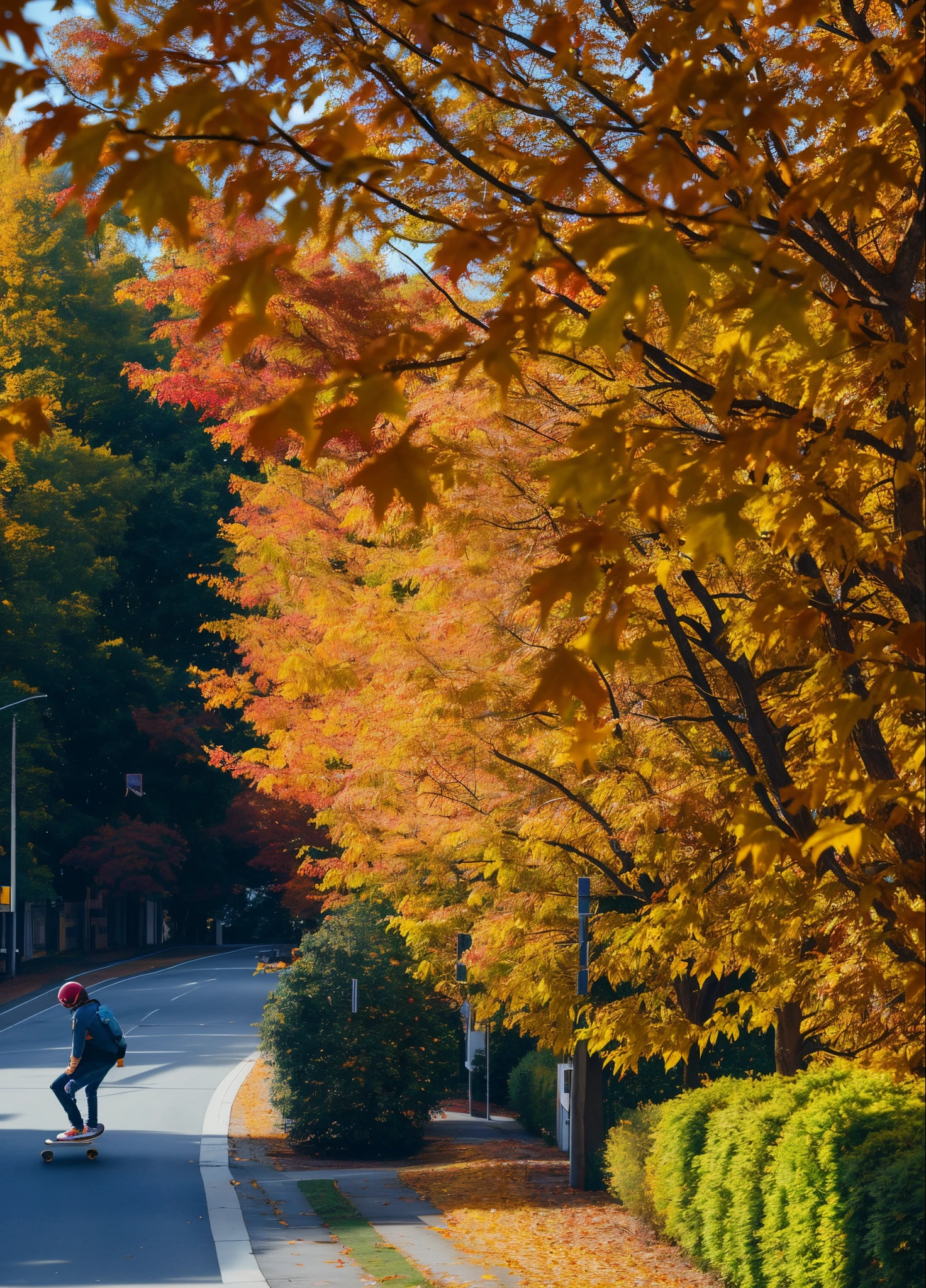 there is a person riding a skateboard down a street, Colorful trees, Autumn! colours, autumn period, autumn energy, colours ( sony a 7 r IV, colorful autumn trees, Shot with iPhone 1 3 Pro, Sin embargo, Trees swaying to the beat, The wind whirls the leaves, Taken on iPhone 14 Pro, Shot with iPhone 1 3 Pro Max