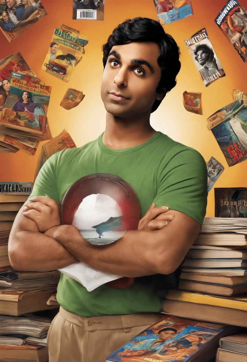 A shelf filled with comic books and collectible figurines,The Big Bang Theory,Raj is an Indian man with black hair and brown eyes, portrayed by Kunal Nayyar