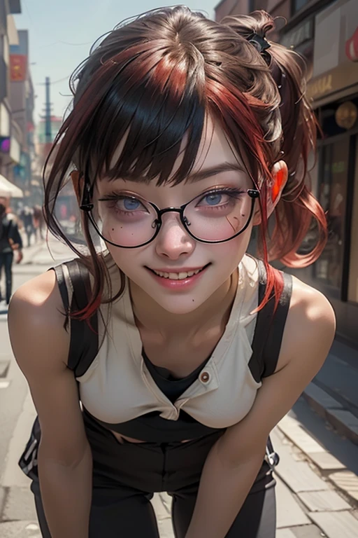 1woman with glasses, Japanese girl, (blunt bangs hairstyle), (fringe cut bangs hairstyle), (The forehead is hidden by bangs), (red hair:1.5), (low pony tail:1.5), (asymmetrical messy hair), (((black-rimmed round glasses))), (red pony tail:1.5), (((beautifully detailed face))), (((perfect face))), (((realistic face))), (((Beautiful detailed eyes))), (((perfect eyes))), ((sharp eyes)), (Blue eyes), punk makeup with so many eyelashes and jet black eyeshadow, ((sadistic grinning smile), (open mouth:1.4)), (tanned skin:1.5), (((stand neck coat)), street fashion, (sport pants), (Solo), (hand on hip), perfect anatomy, slender, small bust, abs, (thin waist), (handsome face:1.3), (crazy smile:0.8), (teeth fangs:1.2), ((Narrowed Eyes)), (((staring at me with a provocative smile))), (half-closed eyes:1.4), (((black thick rimmed glasses))), (high detailed skin), ((top-quality)), ((High Definition)), ((beautiful detailed)), high quality shadow, mostly cloudy sky, ((official art)), octane render, two-tone lighting, (Cyberpunk city street background, detailed background), White balance, Long Exposure, Depth of Field, anatomically correct, (((Best Quality))), (((masterpiece))), (((Super Detail))), (((Photorealistic))), (((UHD)))