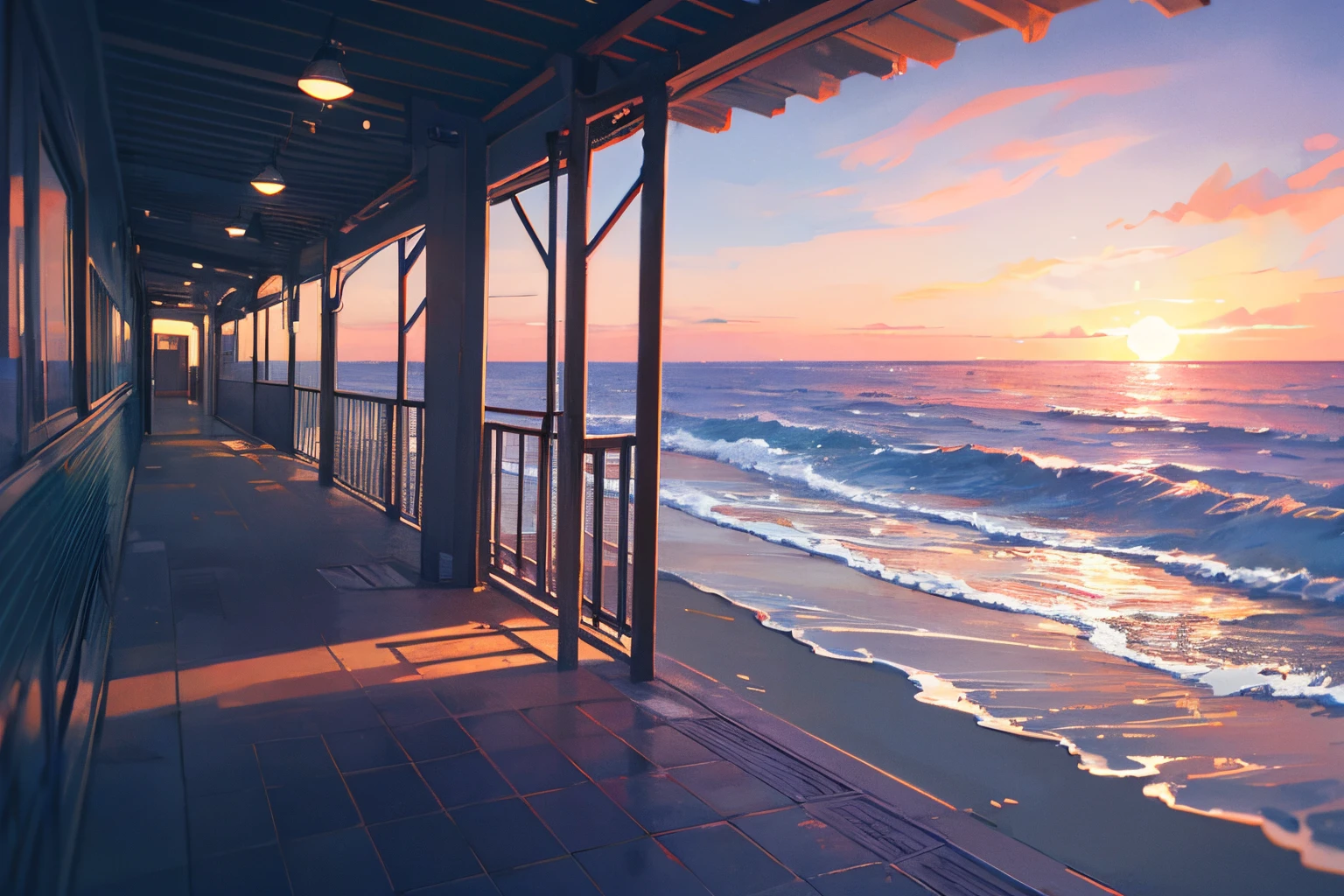 Create a high-quality illustration of an abandoned seaside station, With a young boy or girl standing on the platform, While looking at the distant sea. Infuses a fantastical atmosphere into the entire work, nostalgia, and complexity. Recreates the atmosphere of a quiet station by the sea in every detail.. The goal is、as viewers explore a magical world、is to evoke feelings of both surprise and melancholy.。, still melancholic, Atmosphere of the scene