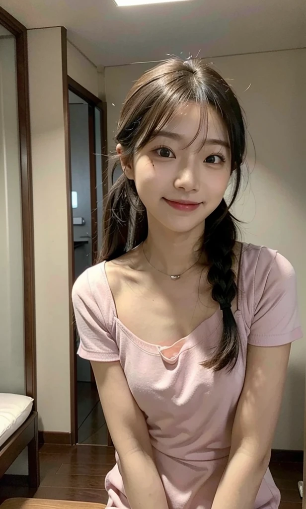 Vestida casualmente, the Asian student walks through her room, stopping for a moment to look at the camera with a friendly, inviting smile.