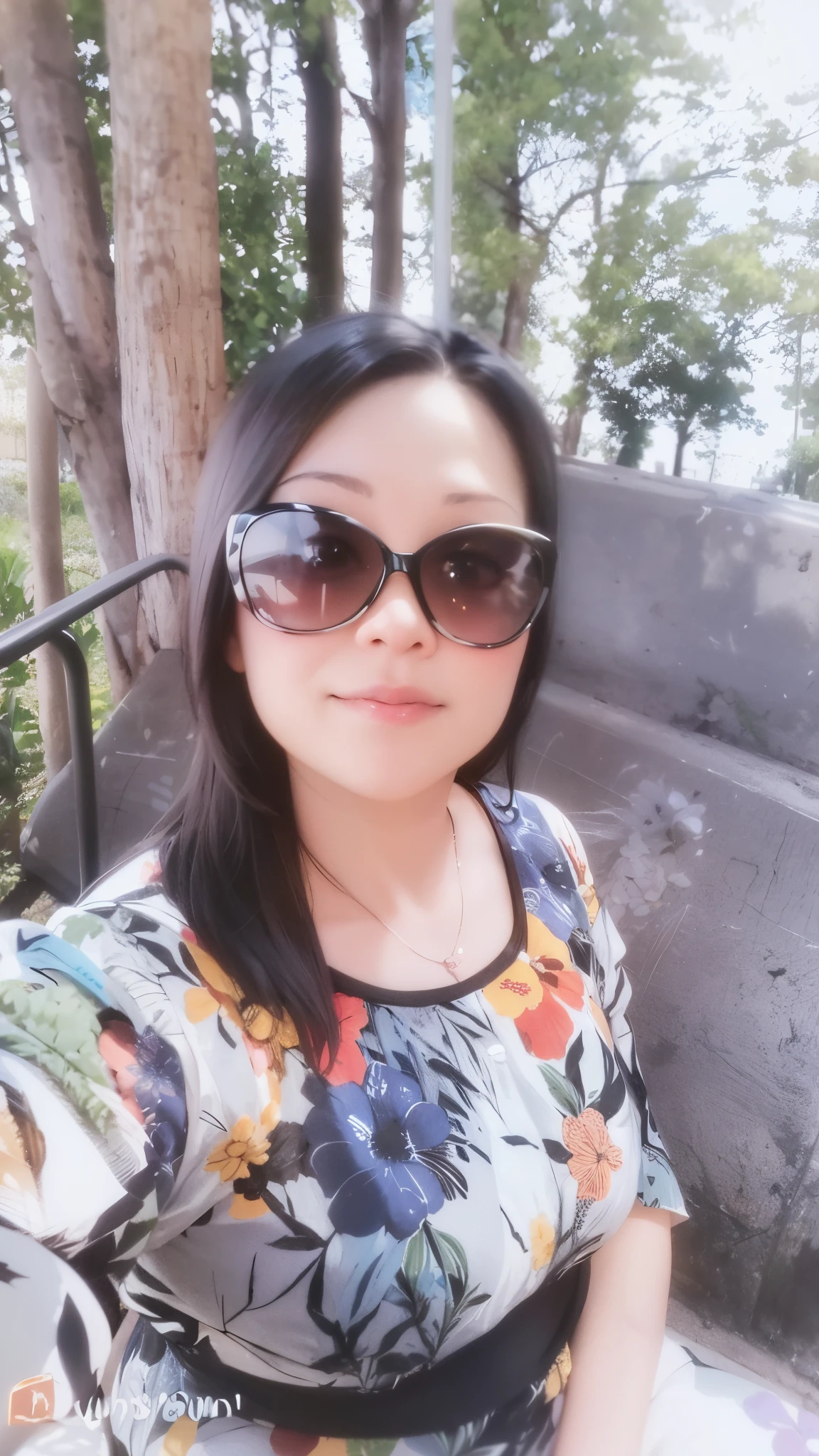 arafed woman in a floral dress and sunglasses sitting on a bench, 38 years old, 3 6 years old, 3 2 years old, 2 8 years old, 2 7 years old, 2 9 years old, 35 years old, 3 5 years old, 3 0 years old woman, 30 years old woman, mai anh tran