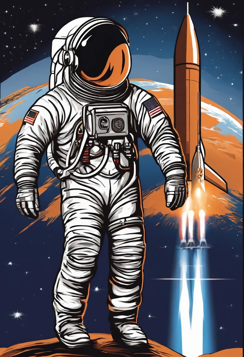 Newspaper cover with man astronaut giving press interview at rocket launch, local com pessoas, Reporter, helicopter, grande foguete decolando ao fundo, Astronaut with rocket in the background in a launch interview