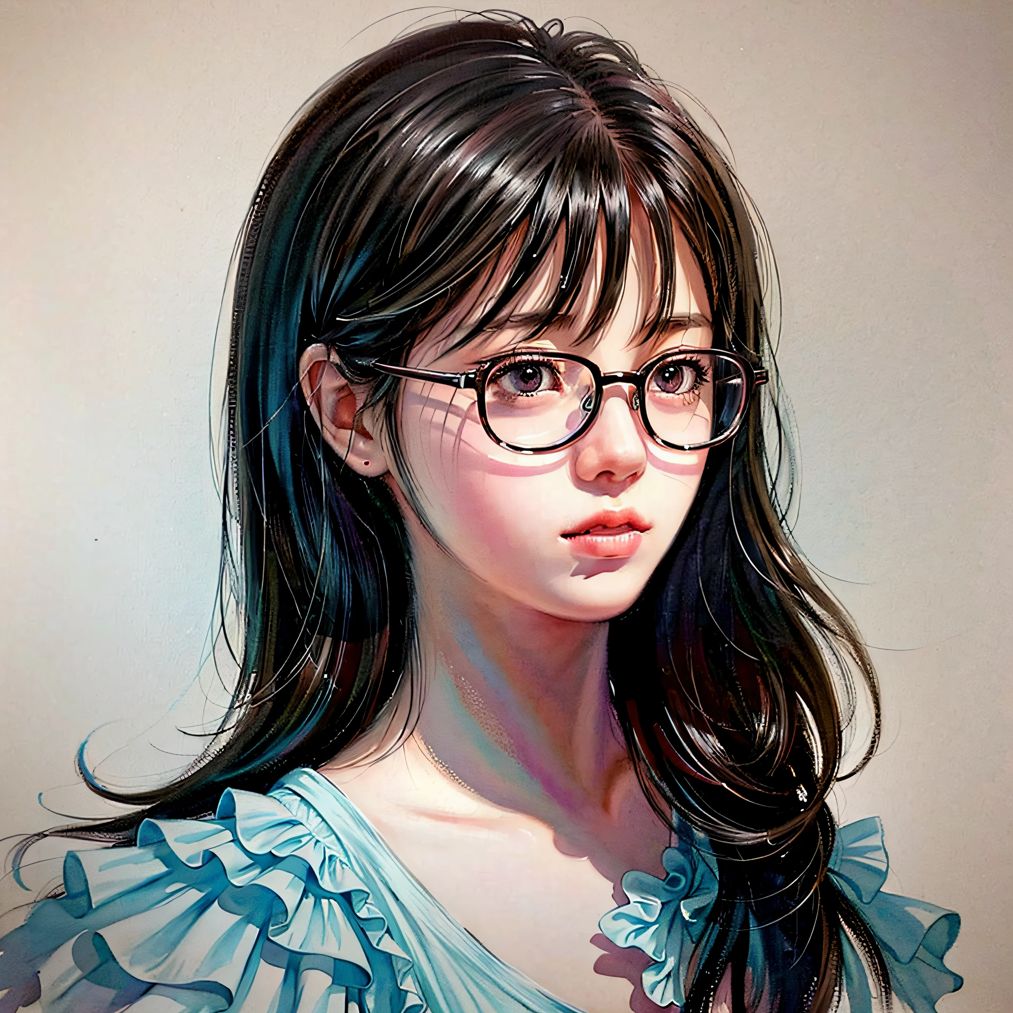 There is one wearing glasses、Woman in blue shirt, wears glasses, kawaii realistic portrait, in the art style of bowater, girl wearing spectacles, Guviz-style artwork, inspired by Yanjun Cheng, Realistic cute girl painting, cute portrait, 🤤 girl portrait, High-quality portraits, Portrait of a Korean female idol, Digital anime illustration, lofi portrait