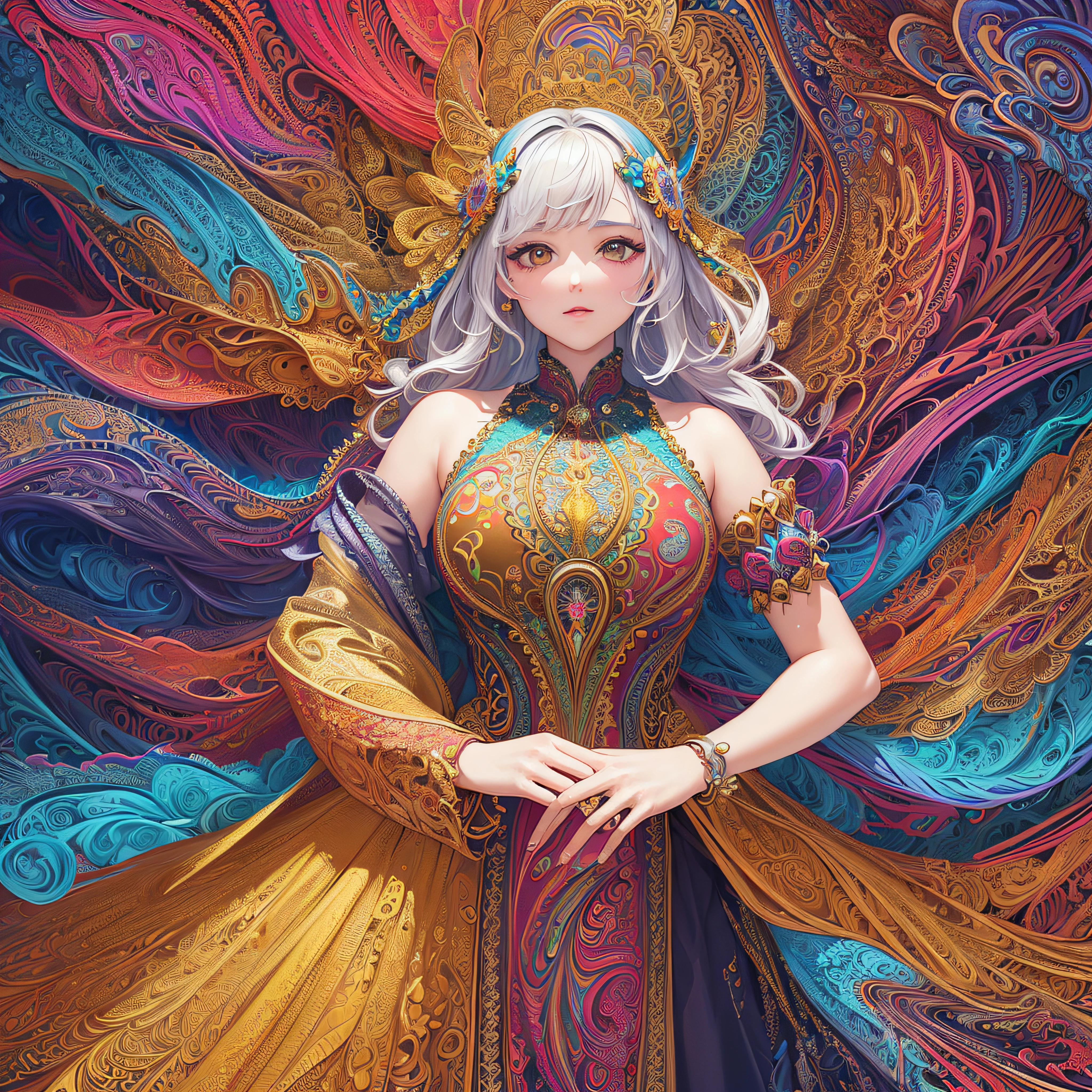 (masterpiece, top quality, best quality, official art, beautiful and aesthetic:1.2), (1girl:1.3), extremely detailed,(fractal art:1.2),colorful,highest detailed,(zentangle:1.2), (dynamic pose), (abstract background:1.5), (treditional dress:1.2), (shiny skin), (many colors:1.4), upper body