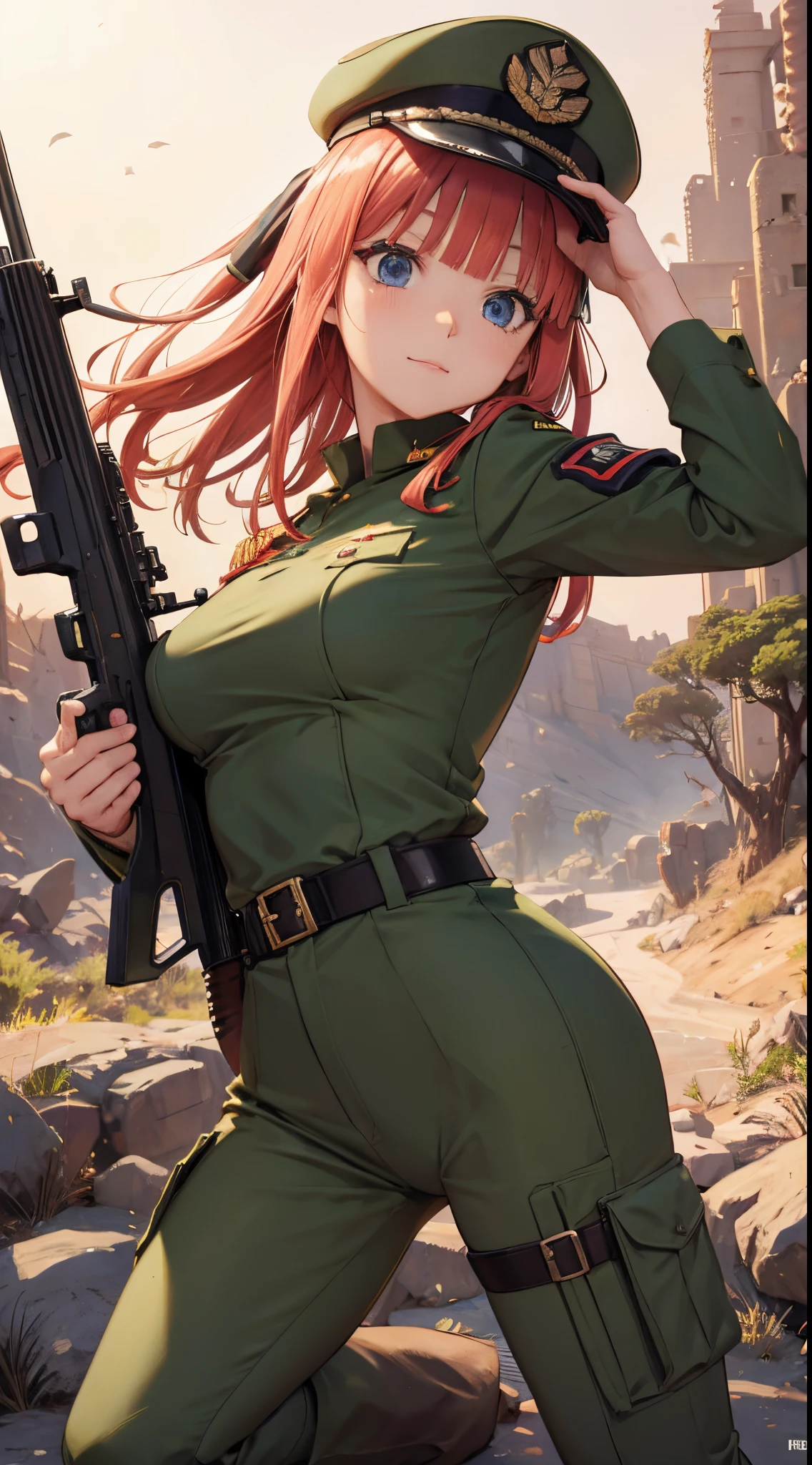 green solid background, 1 woman, best quality, ultra high res, long hair, red hair, green eyes, full lips, military overall jumpsuit, cargo pants, combat boots, mad at viewers, double D breast, standing, full body picture, holding rifle
