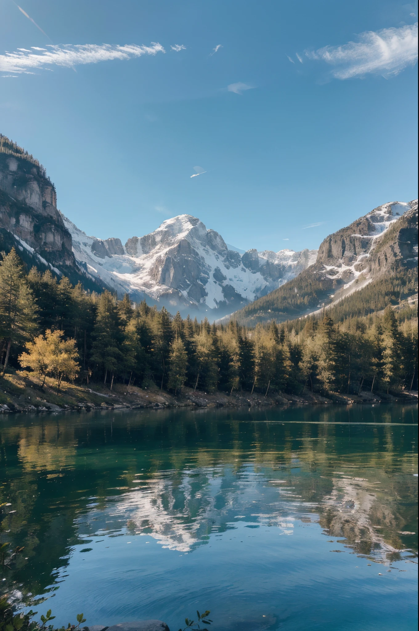 A girl hiking by a mountain lake, oil painting, detailed scenery, natural lighting, realistic colors, vibrant foliage, crystal-clear water, peaceful atmosphere, picturesque view, reflection of the mountains on the lake's surface, soft morning sunlight, gentle breeze, distant snowy peaks, dense pine forest, rocky path, solitary figure, backpack and trekking poles, adventurous spirit, exploring nature's beauty, tranquil escape. (best quality, highres, ultra-detailed, photorealistic, HDR), [subtle fog], [soft pastel tones].