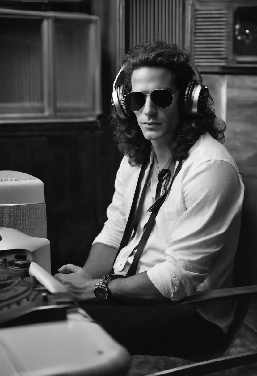 The image is of the character dressed up as a 90s shock jock, sitting behind a radio microphone with headphones on, engaging in a lively and controversial on-air conversation.,original,Howard in the 1990s, the renowned radio personality, was known for his distinctive, long curly hair that fell past his shoulders, often paired with dark sunglasses, projecting a rock star-like image. His tall, slender frame was typically clad in casual, yet stylish attire, reflecting his nonconformist attitude and presence in the entertainment world.