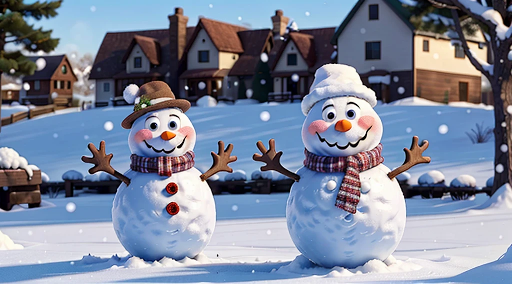 white snowman,christmas,Snowman smiles on face,nose made of carrot,Innocent eyes,Wearing a red scarf,Medium size,In the yard,It snowed heavily