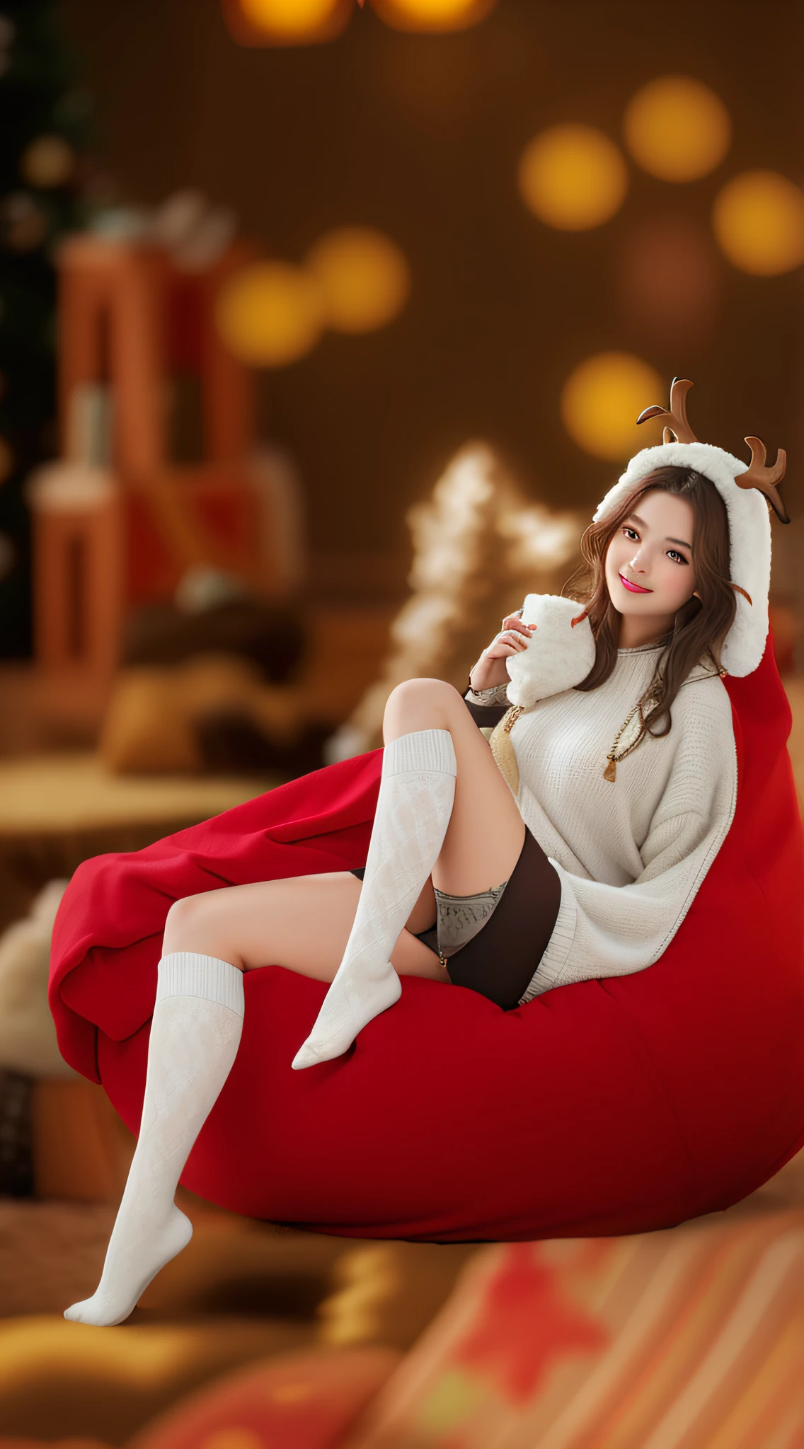 There&#39;s a woman sitting on a bean bag chair in the room, vacation, Portrait shooting, Young woman with antlers, woman wearing sheep costume, photo, exclusive, promotional images, cozily, sitting relax and happy, cute women, designed for cozy aesthetics!, covered with blanket, wear in stockings, best adobe stock, advertising photograph, cozy studio photography