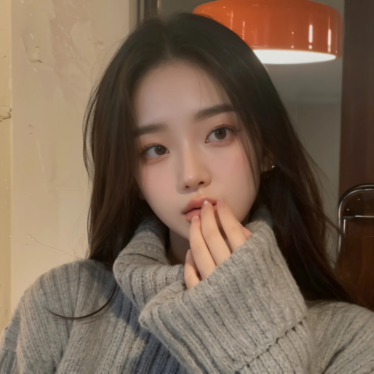a closeup of a person in a sweater holding a cell phone, Jinyoung Shin, ulzzang, Heonhwa Choe, Lee Ji-eun, Lee Ji - Eun, Chica coreana, Jaeyeon Nam, Hermosa joven coreana, 19 year old girl, Linda actriz coreana, Jisoo de Blackpink, Joven y adorable rostro coreano, Kwak Ji Joven