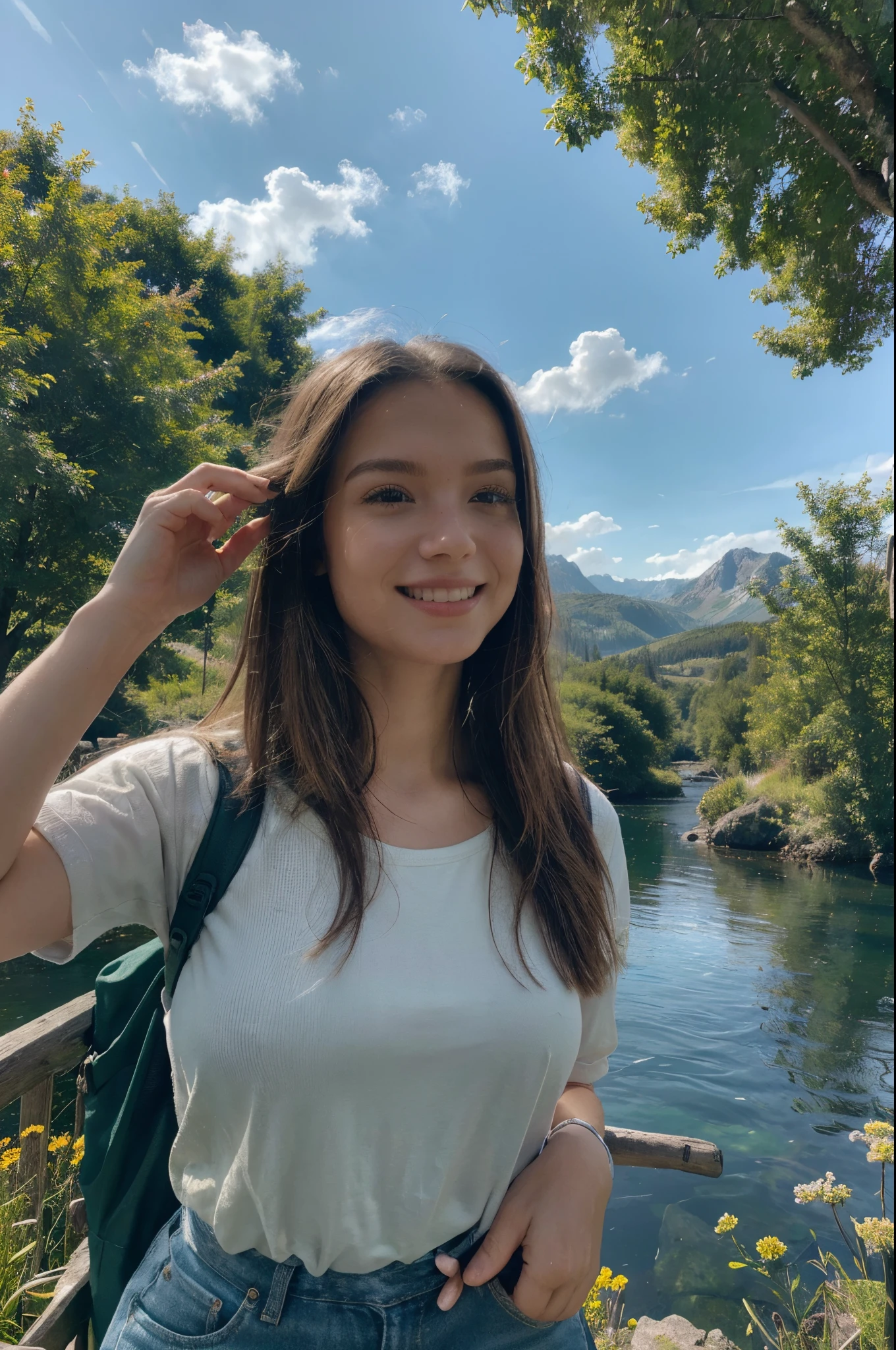(best quality:1.2, highres:1.2, ultra-detailed:1.2), realistic, detailed, lively, colorful, picturesque, stunning, HDR, UHD, studio lighting, mountain landscape, stunning lake, crystal clear water, deep blue sky, majestic mountains, lush greenery, towering trees, serene atmosphere, peaceful silence, gentle breeze, vibrant flowers, beautiful reflections on the water, distant waterfalls, rocky cliffs, breathtaking view, hiking trail, girl in hiking attire, backpack, trekking pole, cheerful expression, rosy cheeks, bright eyes, shiny hair, charming smile, confident posture, exploring the surroundings, enjoying the beauty of nature, capturing the moment with a camera, scenery painting, oil painting style, fine brush strokes, compelling composition, impressive details, realistic texture, lifelike portrayal, evoking a sense of wonder, natural beauty, adventure, tranquility, happiness, harmony, girl's love for nature, girl's connection with the outdoors, outdoor exploration.