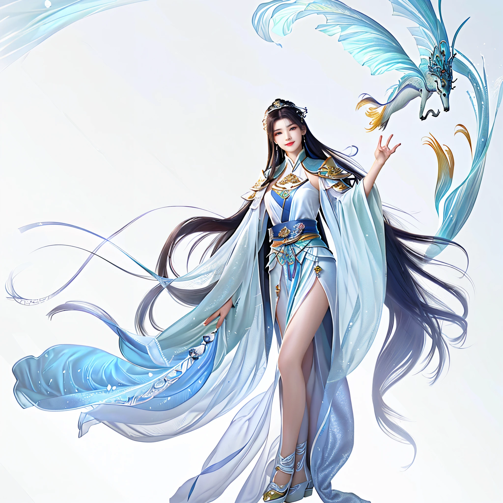 a girl watch at distance,  smiling,Chinese ancient god, xianxia, standing! full body, beautiful fantasy empress, Beautiful celestial mage, long black hair, Queen of the Sea Mu Yanling, ethereal essence, ((beautiful fantasy empress)), anime goddess, beautiful youth spirit, G Liulian art style, Flowing magic robes， On the table,Best quality at best,ultra - detailed,A high resolution,A high resolution,4K,4K portrait,8K,8k portrait,Unity 8k壁纸,Extremely detailed CG,actual,RAW photogr,Real Human,portrait photo of,realisticlying,Glossy glossy skin,Delicate skin,