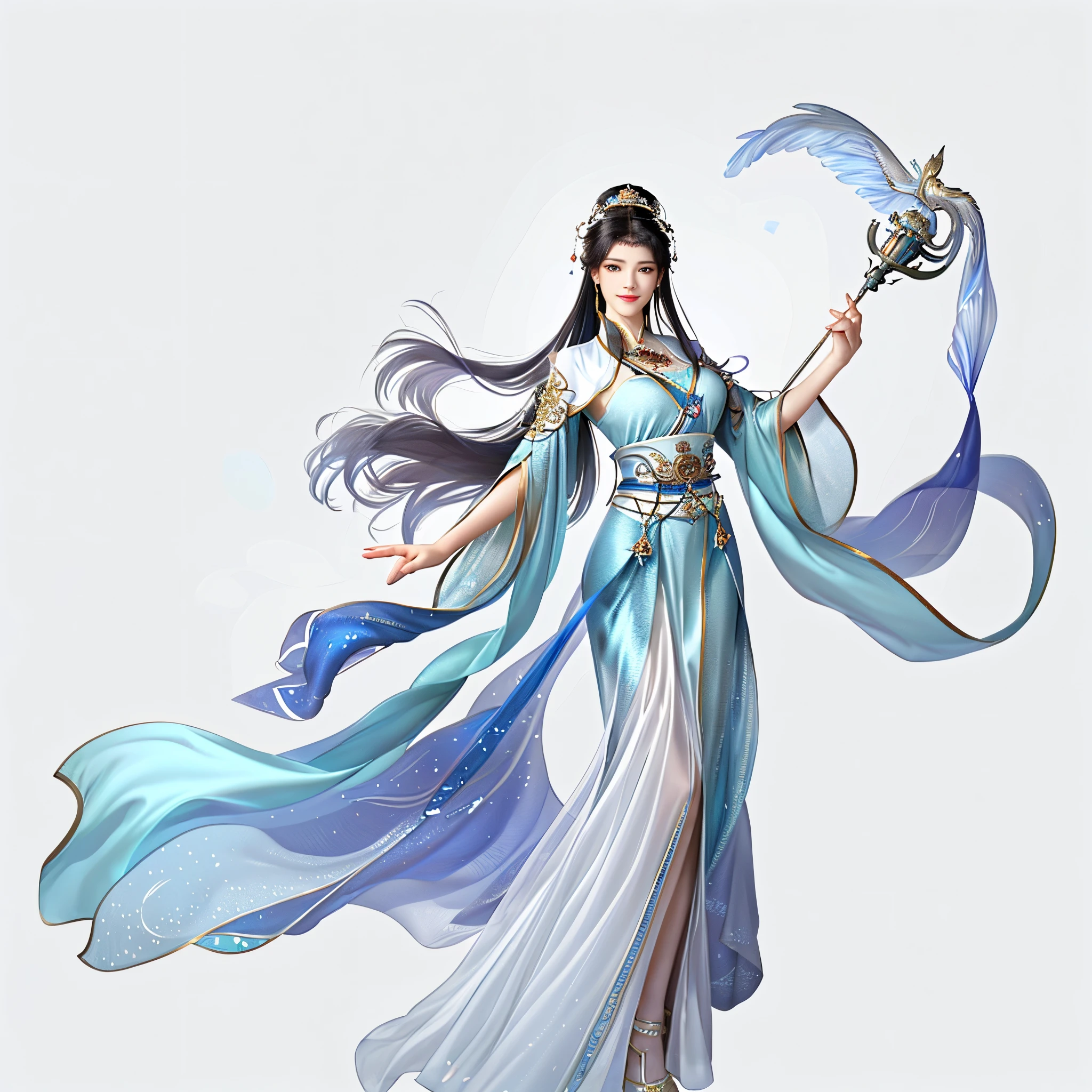 a girl watch at distance,  smiling,Chinese ancient god, xianxia, standing! full body, beautiful fantasy empress, Beautiful celestial mage, long black hair, Queen of the Sea Mu Yanling, ethereal essence, ((beautiful fantasy empress)), anime goddess, beautiful youth spirit, G Liulian art style, Flowing magic robes， On the table,Best quality at best,ultra - detailed,A high resolution,A high resolution,4K,4K portrait,8K,8k portrait,Unity 8k壁纸,Extremely detailed CG,actual,RAW photogr,Real Human,portrait photo of,realisticlying,Glossy glossy skin,Delicate skin,