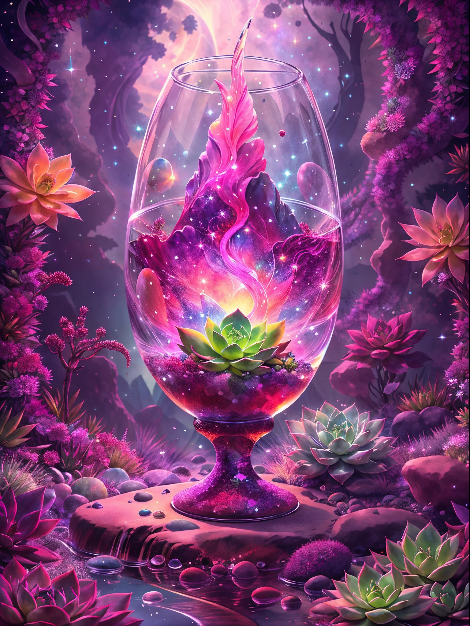 In this painting，We can see a mysterious and gorgeous scene。In the center of the painting is a transparent crystal chalice，it&#39;s huge and gorgeous，Entirely made of transparent crystal material。The Holy Grail is filled with clear liquid，Like a pool of illusory water，Fluctuating slightly。 in the crystal chalice，A magnificent succulent plant grows。Its leaves are whirling and colorful，As if made of gem-like colors，shining brightly。Each leaf has subtle lines and textures，Make it more real and vivid。The stems of succulents also show a transparent texture，Extending from the roots to every corner of the leaves。 The Crystal Grail is surrounded by a fantastic and spectacular scene。clear crystal walls reflect surrounding light，A beautiful light and shadow effect is formed。In the distance is a vast sky，Little bits of light shine in it。at the edge of the sky，A bright moon hovers，Moonlight spilled，illuminates the whole scene。 The whole picture is full of visual impact and sense of the world.。Succulents in clear crystal chalice symbolize the miracle of life and the power of nature，The surrounding light, shadow and starry sky give people a mysterious atmosphere。This painting combines succulents with a clear crystal chalice，presents a very charming and imaginative scene。 I hope this painting can bring you visual enjoyment and impact，Let you feel the unique beauty of succulents。