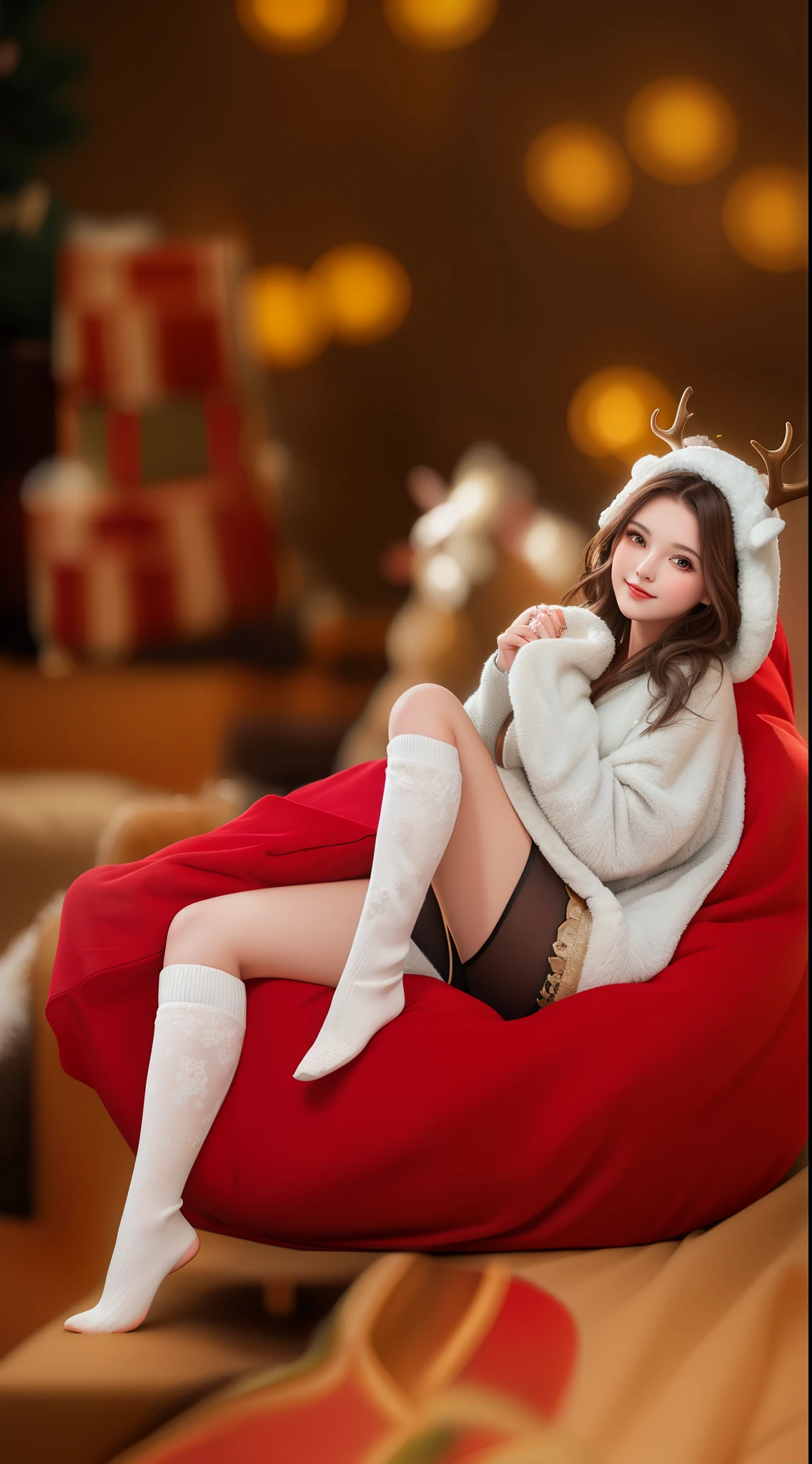 There's a woman sitting on a bean bag chair in the room, vacation, Portrait shooting, Young woman with antlers, woman wearing sheep costume, photo, exclusive, promotional images, cozily, sitting relax and happy, cute women, designed for cozy aesthetics!, covered with blanket, wear in stockings, best adobe stock, advertising photograph, cozy studio photography
