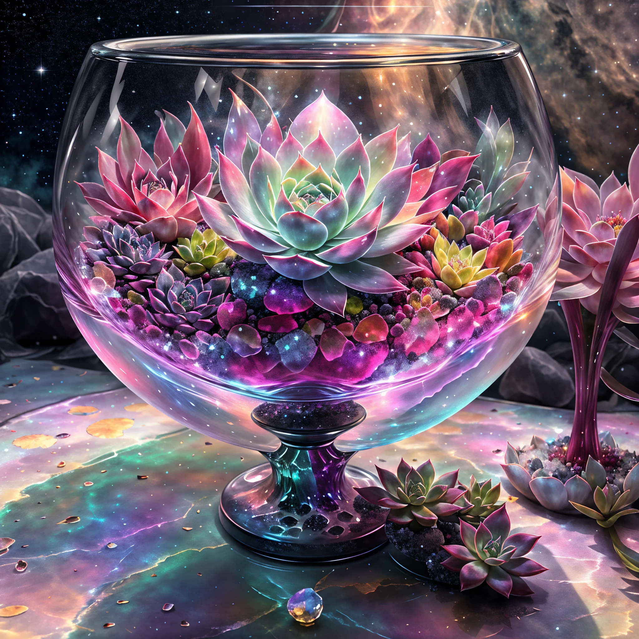 In this painting，We can see a mysterious and gorgeous scene。In the center of the painting is a transparent crystal chalice，it&#39;s huge and gorgeous，Entirely made of transparent crystal material。The Holy Grail is filled with clear liquid，Like a pool of illusory water，Fluctuating slightly。 in the crystal chalice，A magnificent succulent plant grows。Its leaves are whirling and colorful，As if made of gem-like colors，shining brightly。Each leaf has subtle lines and textures，Make it more real and vivid。The stems of succulents also show a transparent texture，Extending from the roots to every corner of the leaves。 The Crystal Grail is surrounded by a fantastic and spectacular scene。clear crystal walls reflect surrounding light，A beautiful light and shadow effect is formed。In the distance is a vast sky，Little bits of light shine in it。at the edge of the sky，A bright moon hovers，Moonlight spilled，illuminates the whole scene。 The whole picture is full of visual impact and sense of the world.。Succulents in clear crystal chalice symbolize the miracle of life and the power of nature，The surrounding light, shadow and starry sky give people a mysterious atmosphere。This painting combines succulents with a clear crystal chalice，presents a very charming and imaginative scene。 I hope this painting can bring you visual enjoyment and impact，Let you feel the unique beauty of succulents。