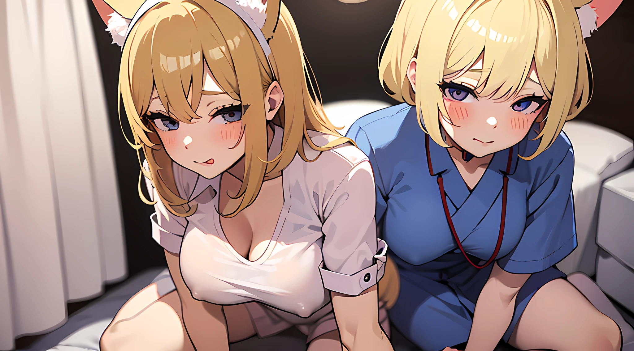 a close up best cat eared waifu posing in a hospital room, licking own lips, big breast, nurse dress, short skirt, blonde hair, (full body:0.6), blushed face, pixiv contest winner, best anime artstyle, extremely detailed eyes, beautiful eyes finely detailed,