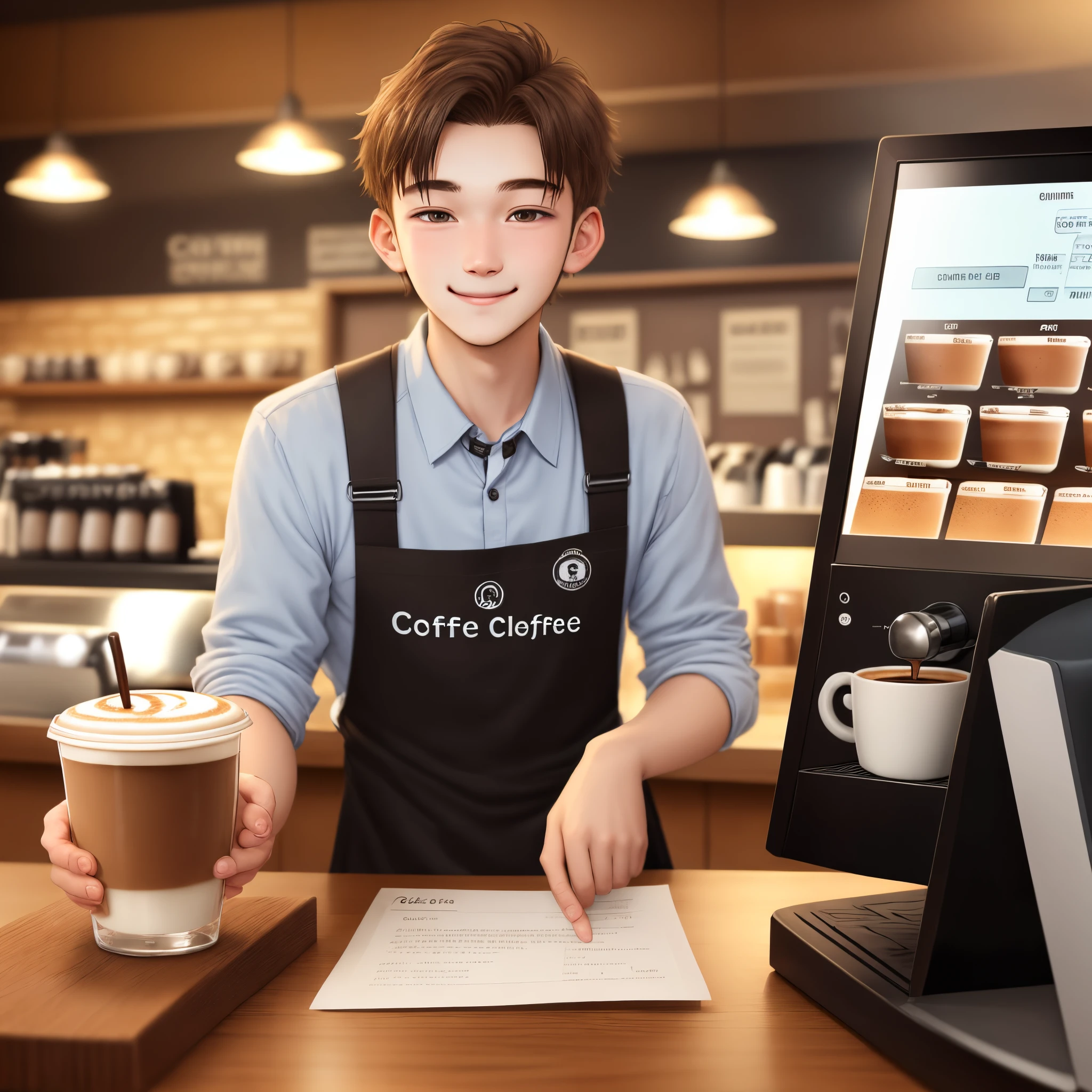 r clerk in coffee shop gives draft of coffee to customer