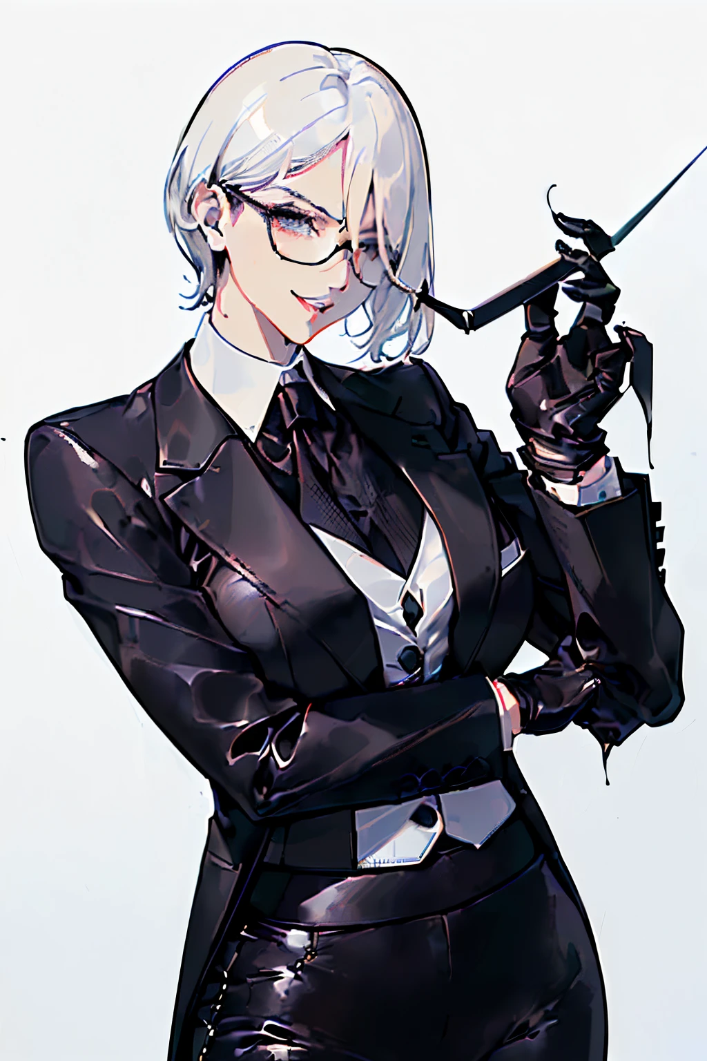 (top-quality、​masterpiece:1.2) ((1womanl)) ((Black short hair、Hair hanging over the ears)) ((White office background)) eye glasses、((Black business suit、Black tailored jacket、white  shirt、Black pantsuit、Black leather gloves)) (Stand with your weight on one leg) (Vicious look、Vulgar smile)