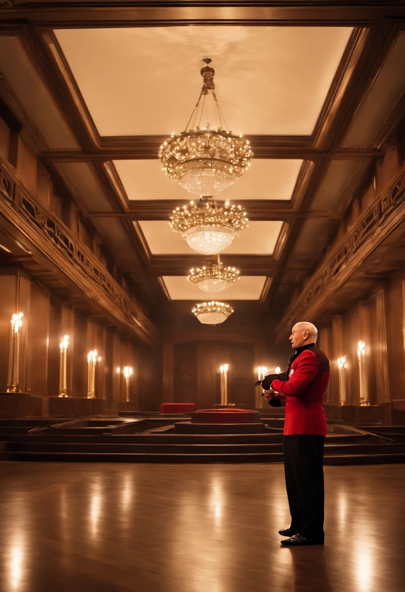 A photo of Captain Picard elegantly playing the violin in the ship's concert hall, surrounded by the warm glow of candlelight.,Star Trek: The Next Generation,Picard is bald, with a poised, upright bearing, and a measured, commanding presence that complements his tactical brilliance. His visage is marked by sharp, discerning eyes and a stately air, often clad in the sleek, red and black Starfleet uniform that denotes his rank and the respect he commands as captain