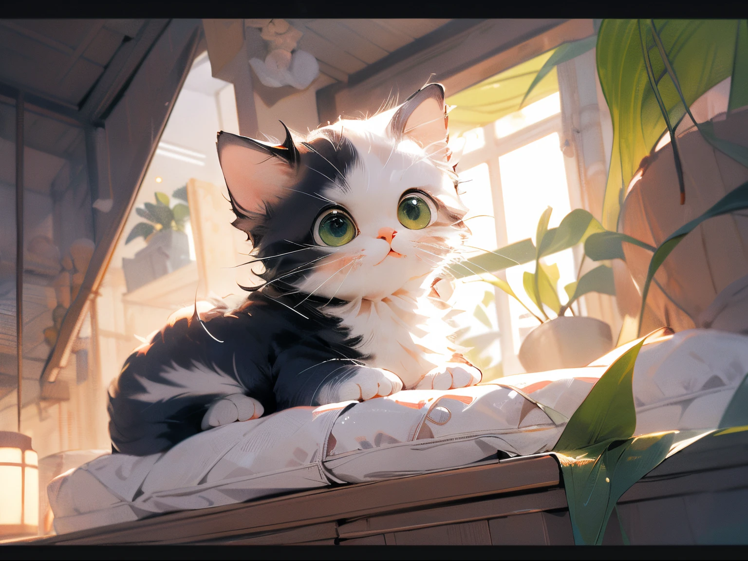scottish fold cat, fluffy, playful, vibrant colors, in a cozy home, surrounded by toys, with beautiful green eyes, (realistic, highres:1.2), with a soft focus, in a portrait style, with warm lighting, sitting on a cushioned window sill, looking out at a sunny garden.