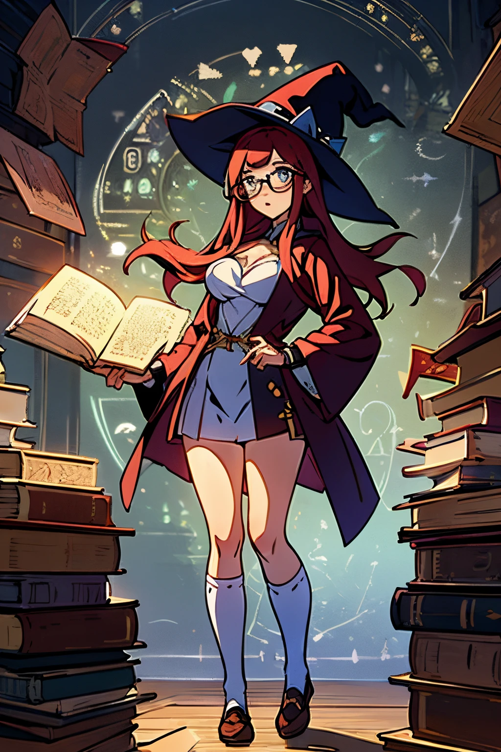 16k, HD, Professional, Highly Detailed, ((Masterpiece: 0.3)), (((High Quality))), Ultra-detailed face, Highly Detailed Lips, Detailed Eyes, full body, full body, 1 girl, long red hair, blue eyes, glasses, c cup breasts, hour glass figure, book on hip, blue wizard robes, long socks, witch hat