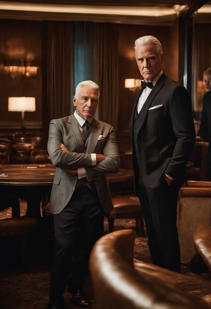 A photo of Logan attending a high-stakes poker game in a luxurious private club,original,Logan Roy, the fictional patriarch in “Succession,” possesses a commanding presence, characterized by his tall stature, sharp suits that speak to his power and wealth, and an often stern, unyielding facial expression. His aging appearance, marked by a full head of white hair and a penetrating gaze, adds to his intimidating demeanor.