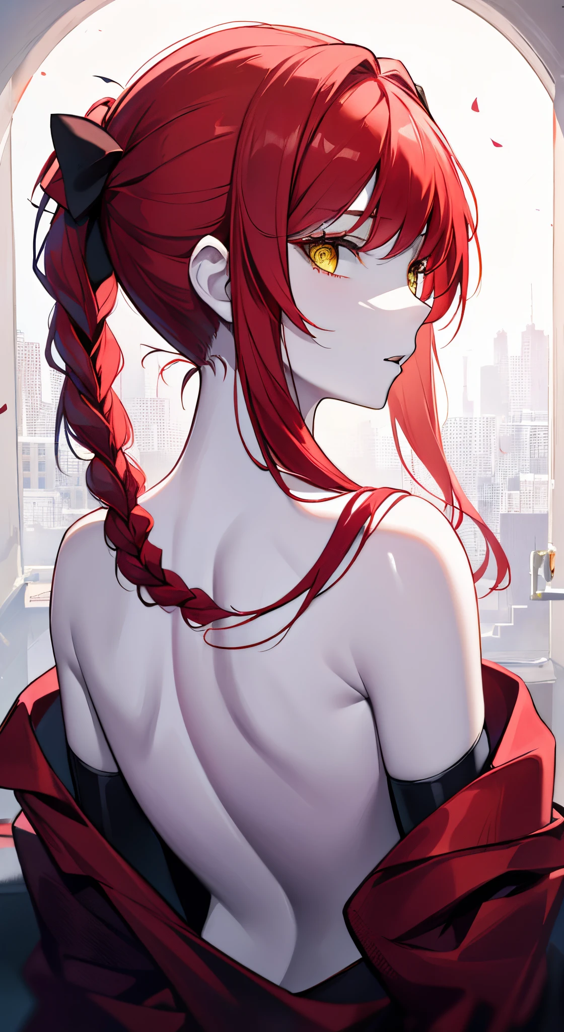 (masterpiece:1.2), (pale skin:1.2), (solo:1.2), (female:1.1), (emphasis lines:1.3), red hair, bare back, shoulder blades, from behind, bare shoulders, braids, yellow eyes