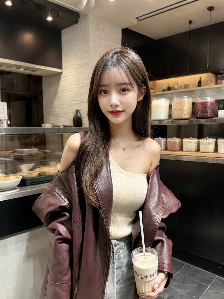lambskin，grey sweater，Burgundy leather coat，extra long hair，exposed shoulder，Milk Tea Shop