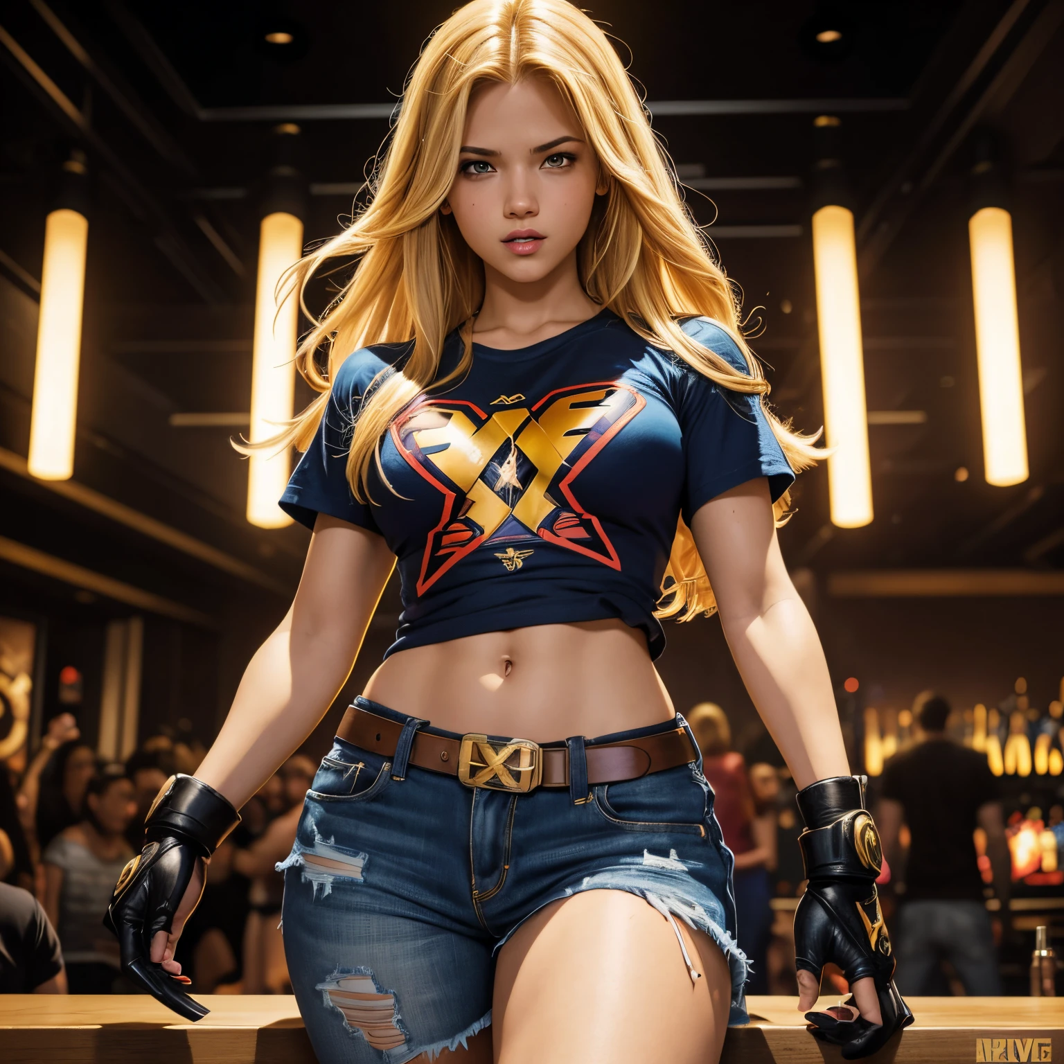 comic book style, joe madureira style line art, extremely attractive girl, female wearing an x-men t-shirt,  american heritage, blonde hair, proud expression, standing inside a nightclub singing,snthwve style, nvinkpunk, duskypie,shaved vagina
