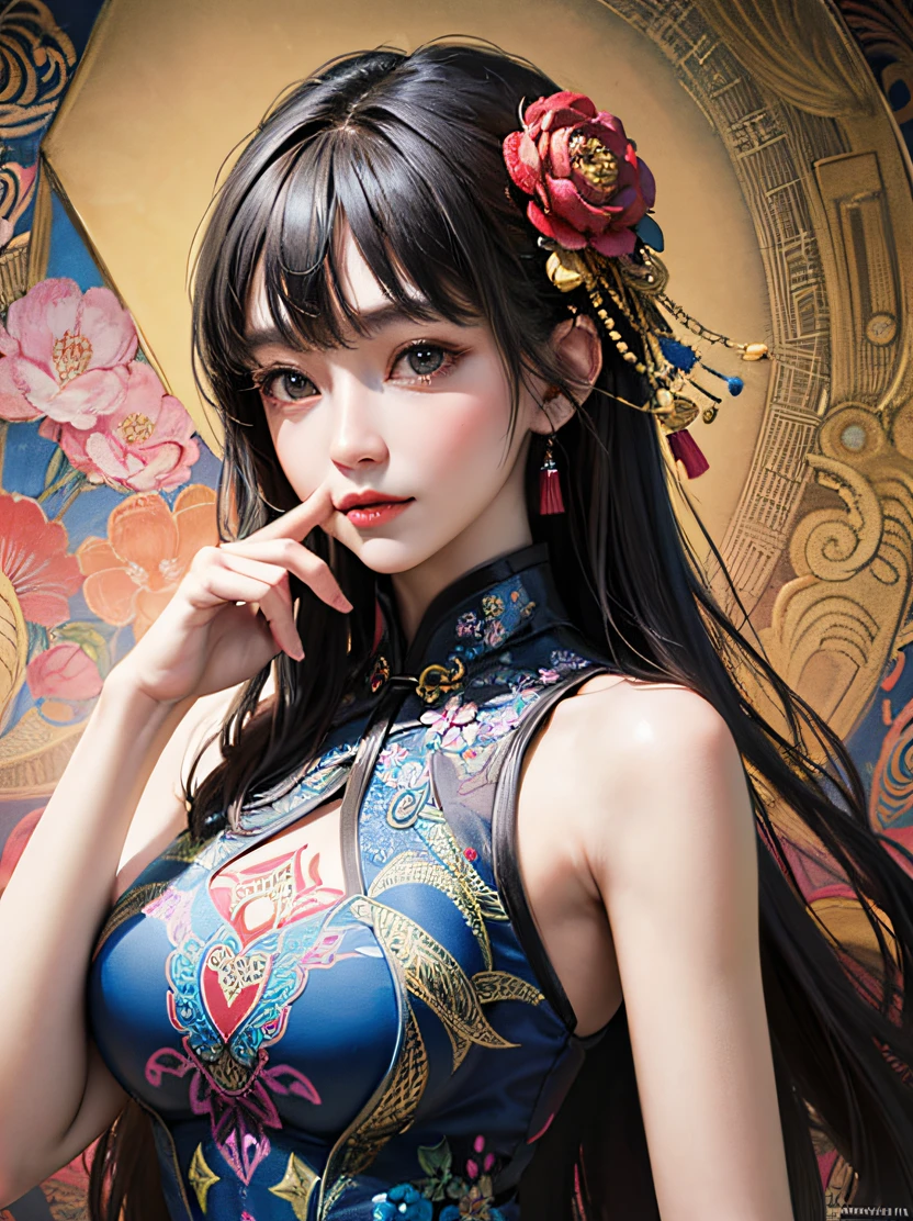 hightquality、hight resolution、masterpiece、foco nítido、lighting like a movie、Portrait of an amazingly beautiful woman、bustshot、Official art、Beautifully Aesthetic、detailed symmetric realistic face、Highly detailed natural textures、ighly detailed、finely detail、Many colors、richly colored、ultra realistic textures、dramatic lighting、watching at viewers、((Abstract fractal art background、Zentangle、colourfull、Floral pattern))、(dynamicposes)、Flower cheongsam、Detailed hand depiction、shinny skin、耳环、qipao dress