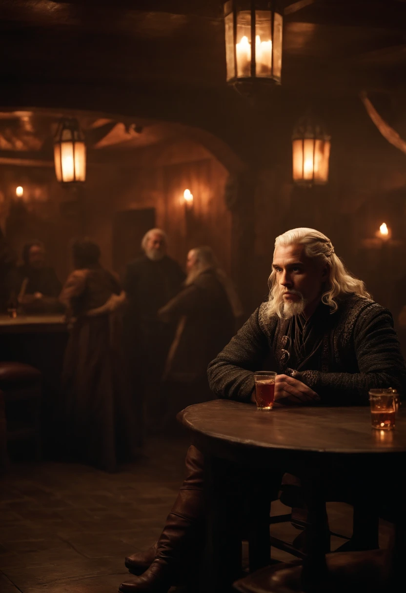 A photo of a man sitting alone in a dimly lit tavern, surrounded by drunken patrons and a haze of smoke.,Game of Thrones,Viserys Targaryen